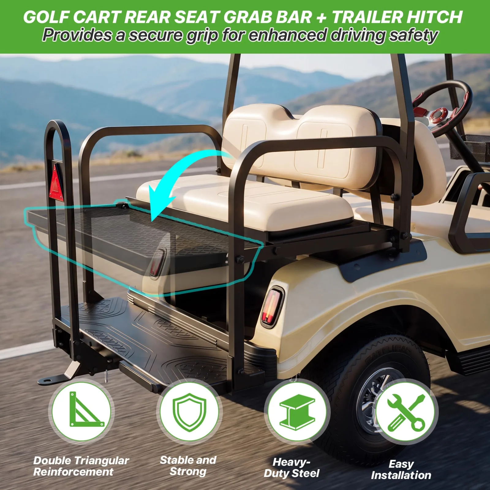 10L0L Golf Cart Rear Seat Grab Bar with 2-Inch Hitch image 3