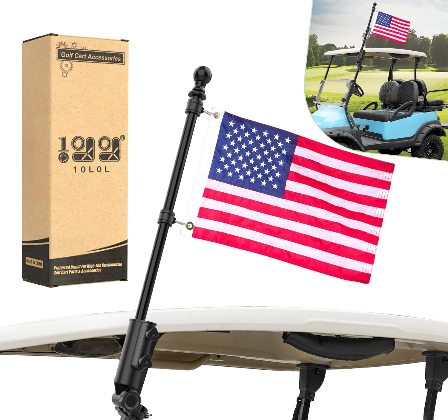 10L0L Golf Cart Flag Holder Kit with USA Flag