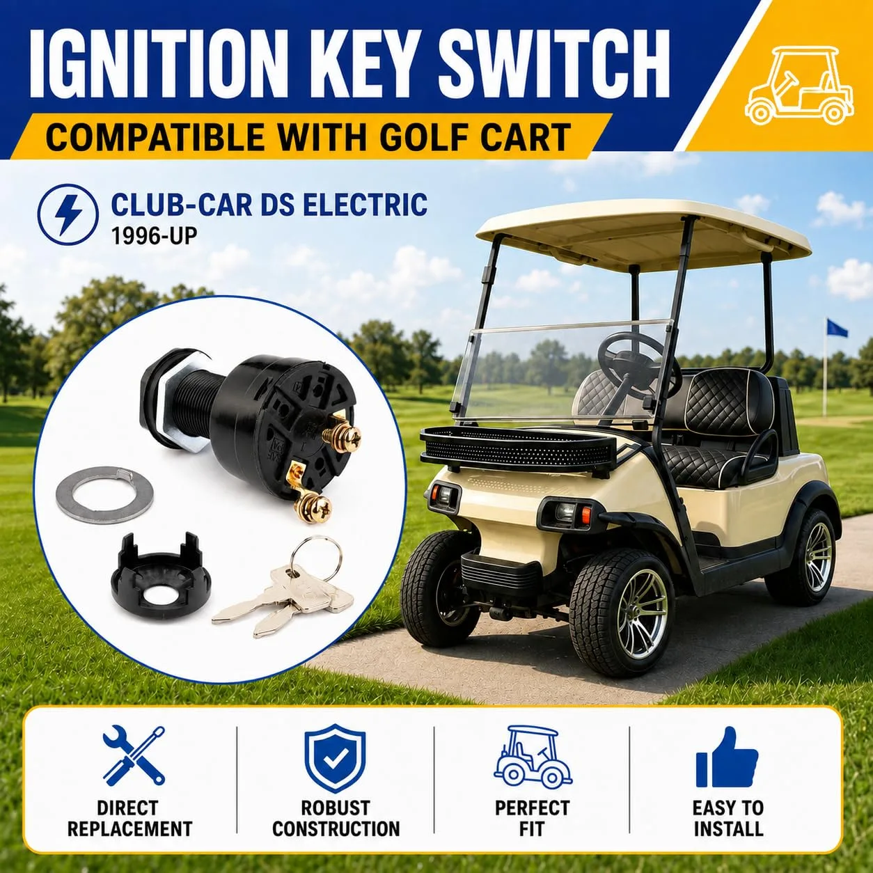 Roykaw Ignition Key Switch 101826201 for Club Car DS (2-Terminal, 36/48V) image 2