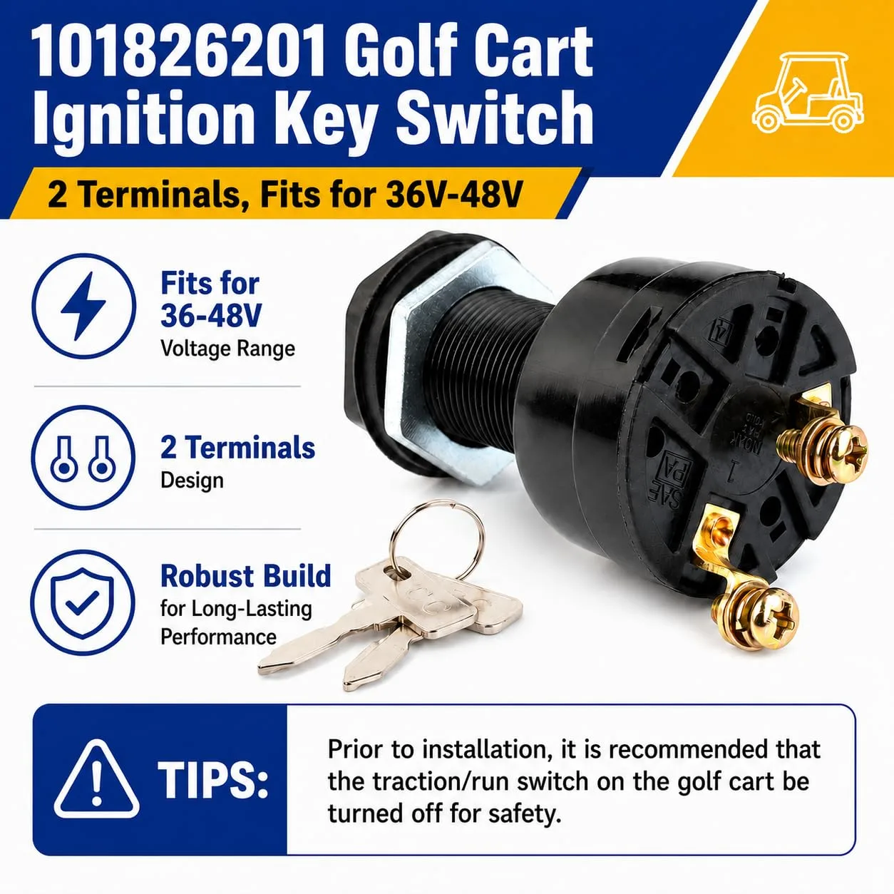 Roykaw Ignition Key Switch 101826201 for Club Car DS (2-Terminal, 36/48V) image 3