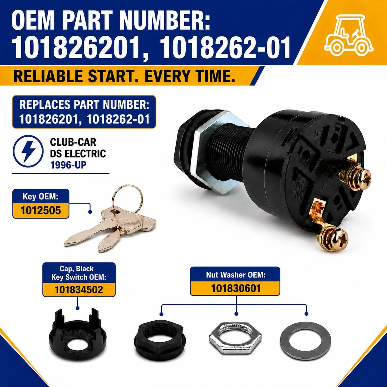 Roykaw Ignition Key Switch 101826201 for Club Car DS (2-Terminal, 36/48V) image 4