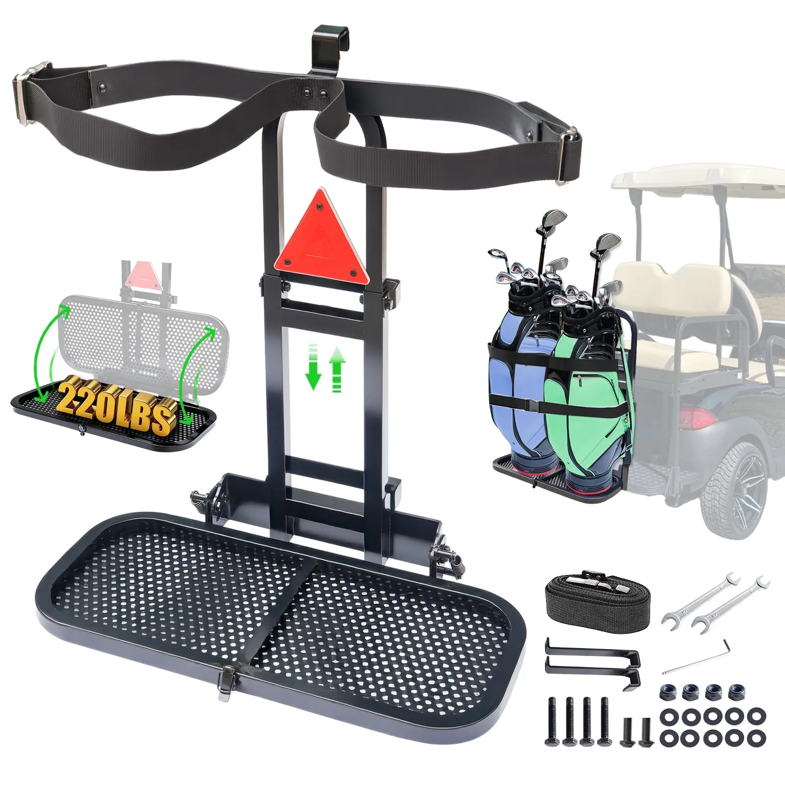 RIZINKART Foldable 2-in-1 Rear Seat Golf Bag Holder — Fits 2+2 E-Z-GO, Club Car, Yamaha
