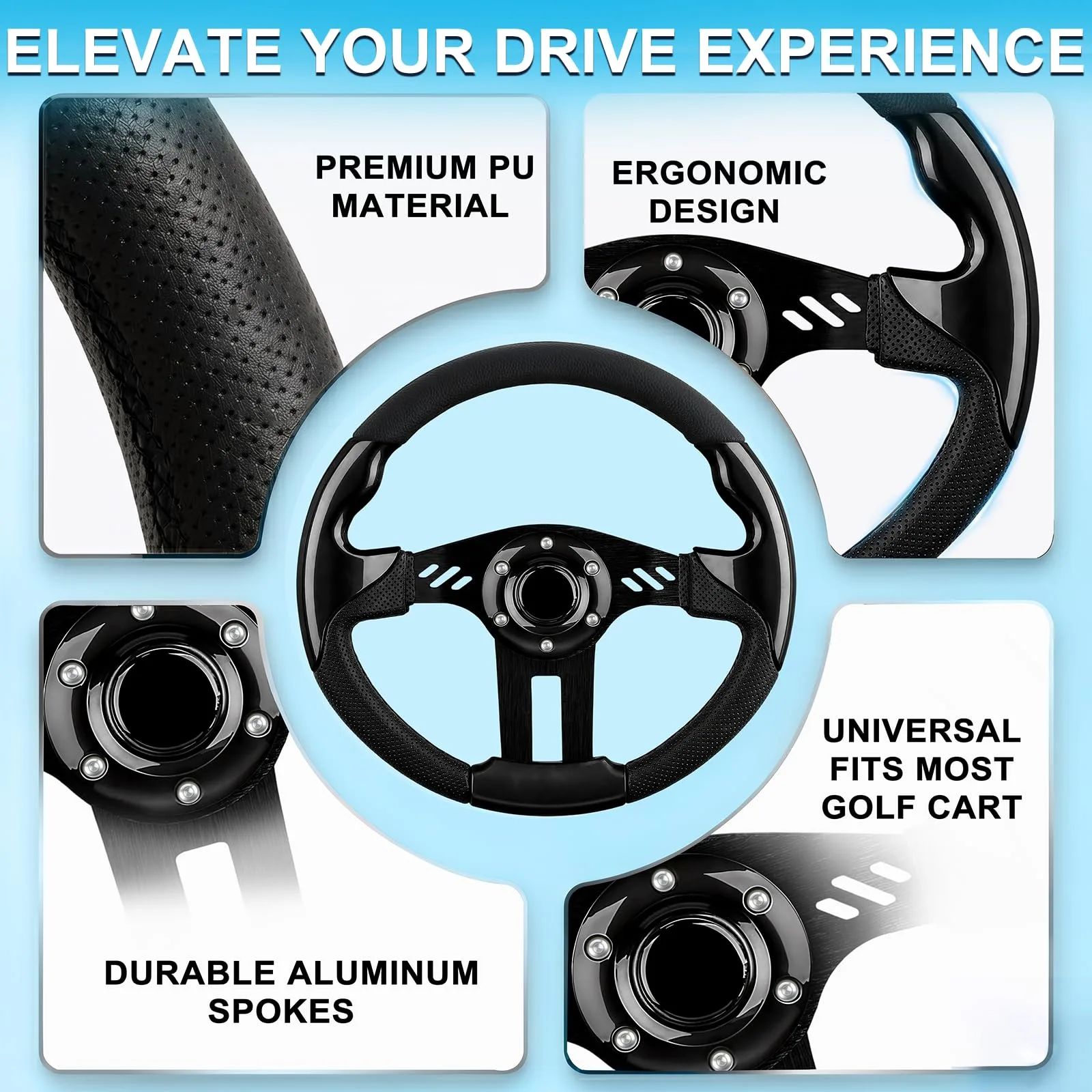 iLSKW 12.5-Inch Golf Cart Steering Wheel, Black image 3