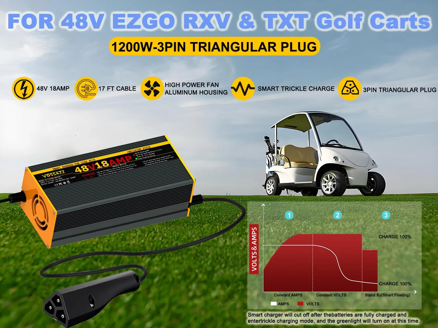 VOSSAZZ 48V 18A Charger for E-Z-GO RXV and TXT image 2