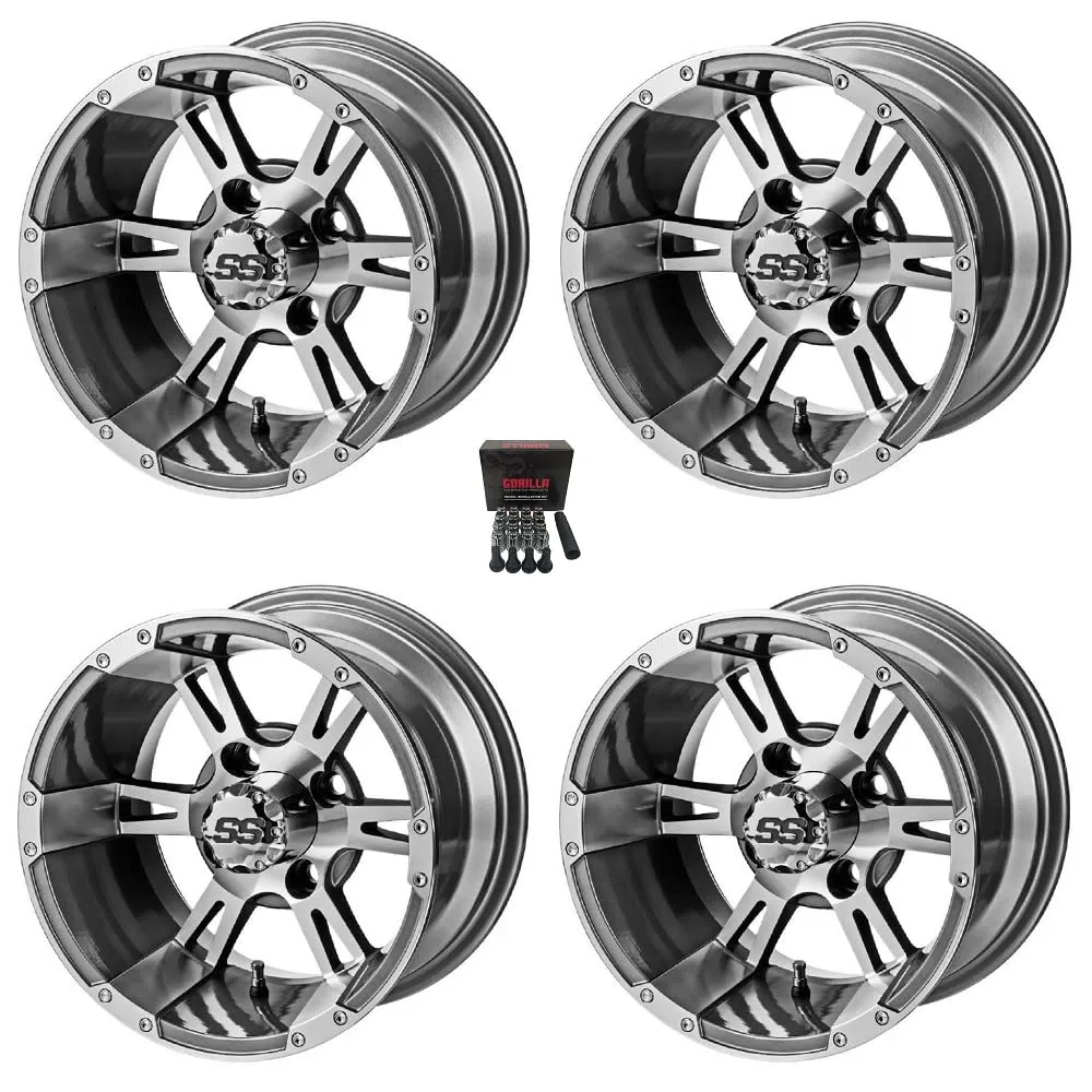 Raptor 12x7 Gunmetal/Machined Golf Cart Wheel Set — 108939FS