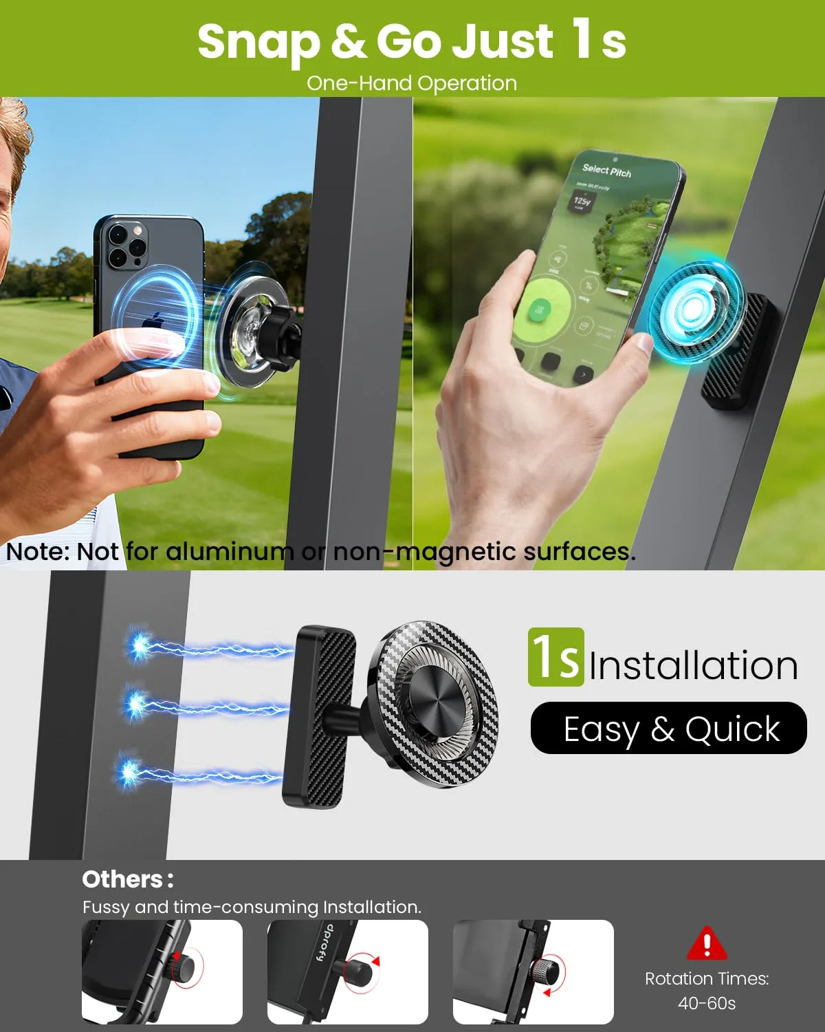 Black Magnetic Golf Cart Phone Holder, 360° Rotatable Mount image 2