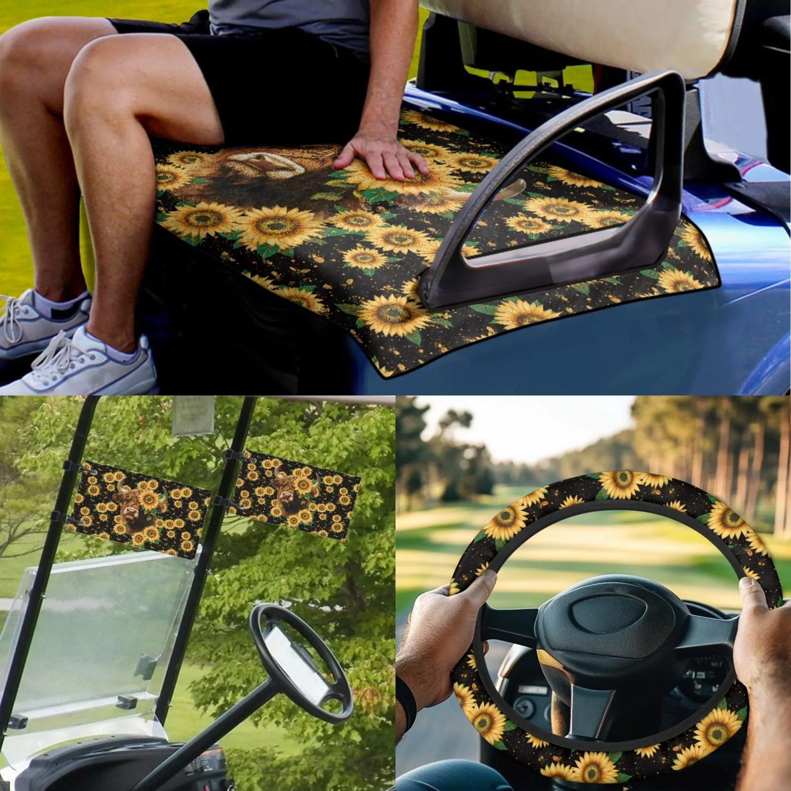 INSTANTARTS Highland Cow Sunflower Golf Cart Seat & Steering Wheel Cover Set P-CZ47+CZC7+CZC16x2-3-17 image 2