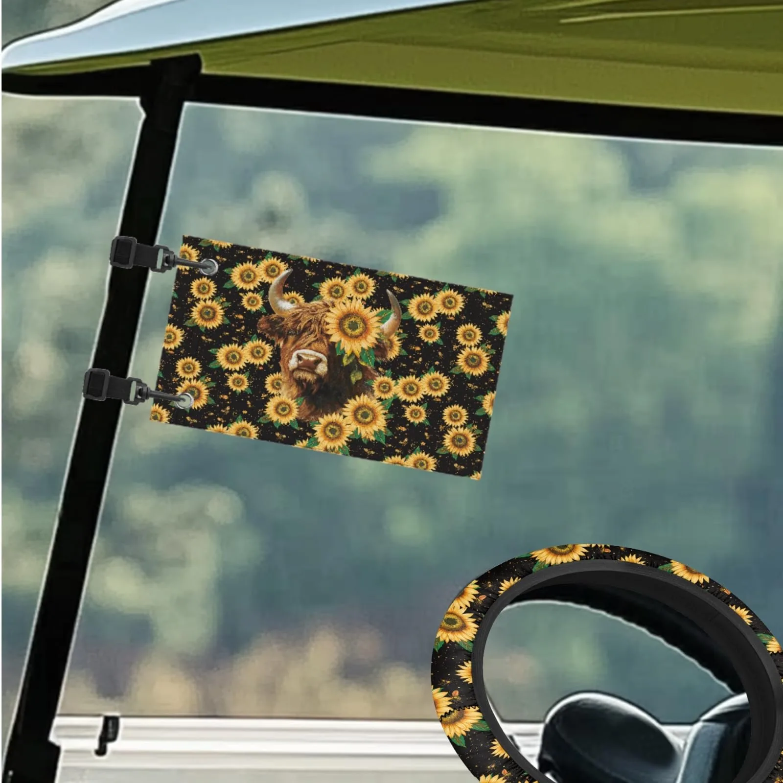 INSTANTARTS Highland Cow Sunflower Golf Cart Seat & Steering Wheel Cover Set P-CZ47+CZC7+CZC16x2-3-17 image 3