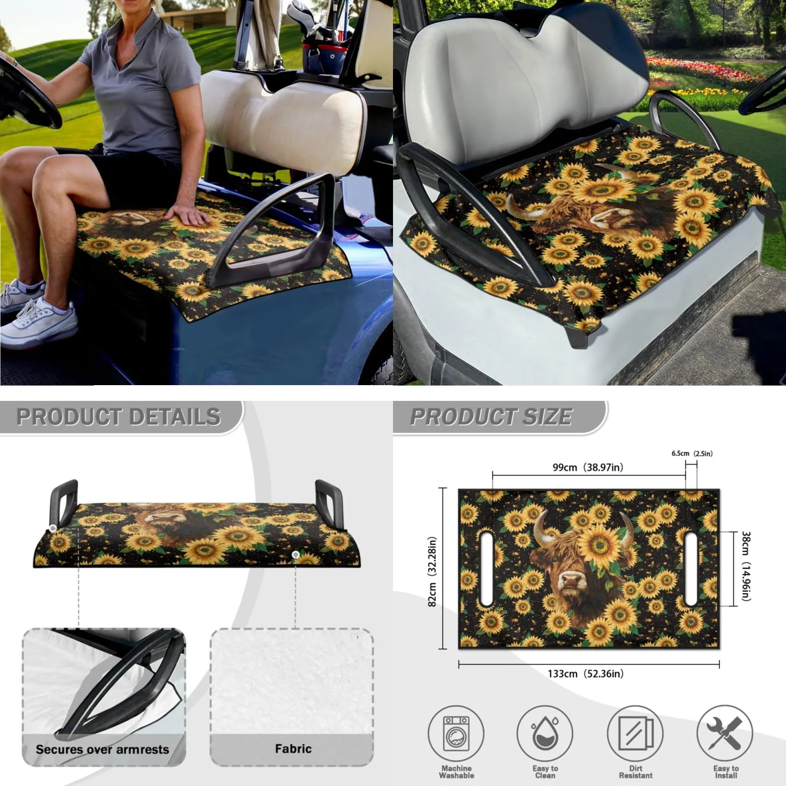 INSTANTARTS Highland Cow Sunflower Golf Cart Seat & Steering Wheel Cover Set P-CZ47+CZC7+CZC16x2-3-17 image 4