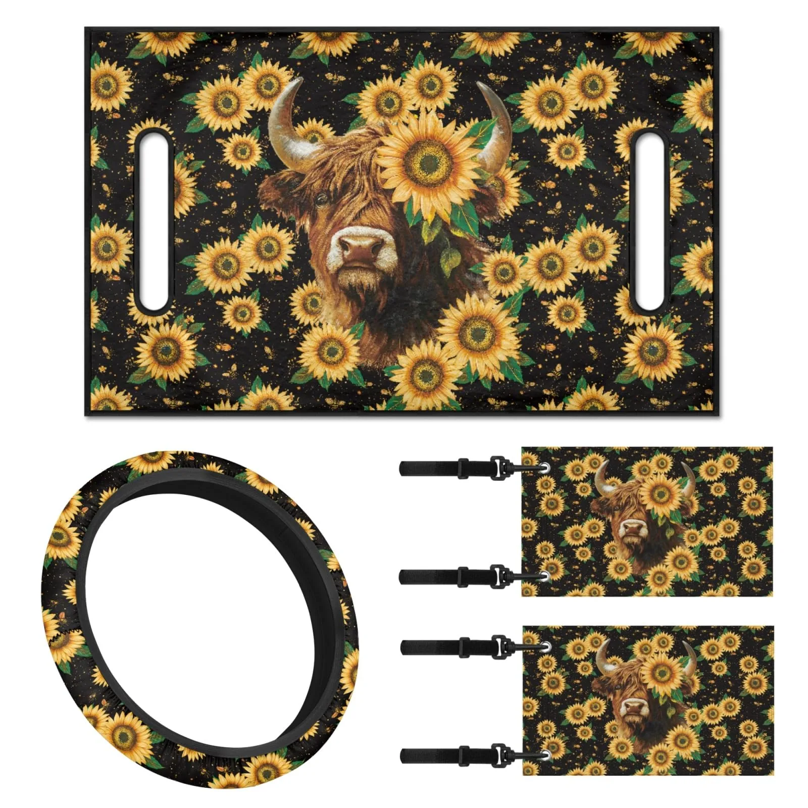INSTANTARTS Highland Cow Sunflower Golf Cart Seat & Steering Wheel Cover Set P-CZ47+CZC7+CZC16x2-3-17