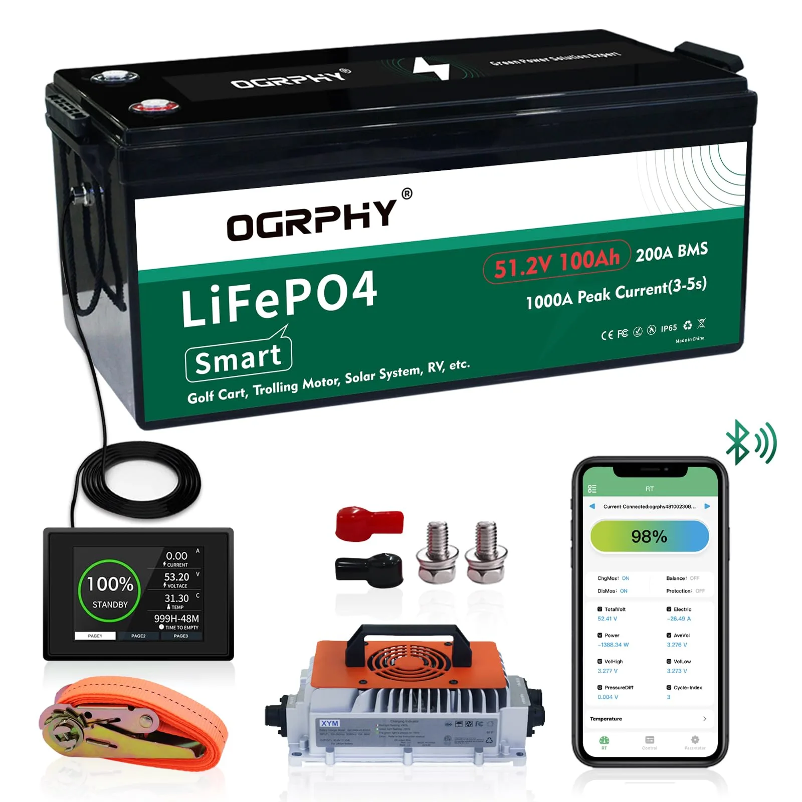 OGRPHY 48V 100Ah LiFePO4 Golf Cart Battery with Charger