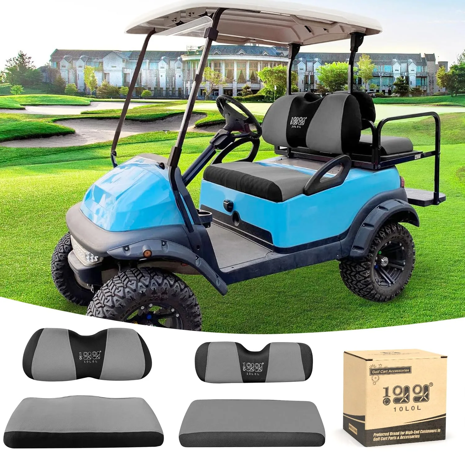 10L0L Golf Cart Front & Rear Seat Covers, Gray/Black