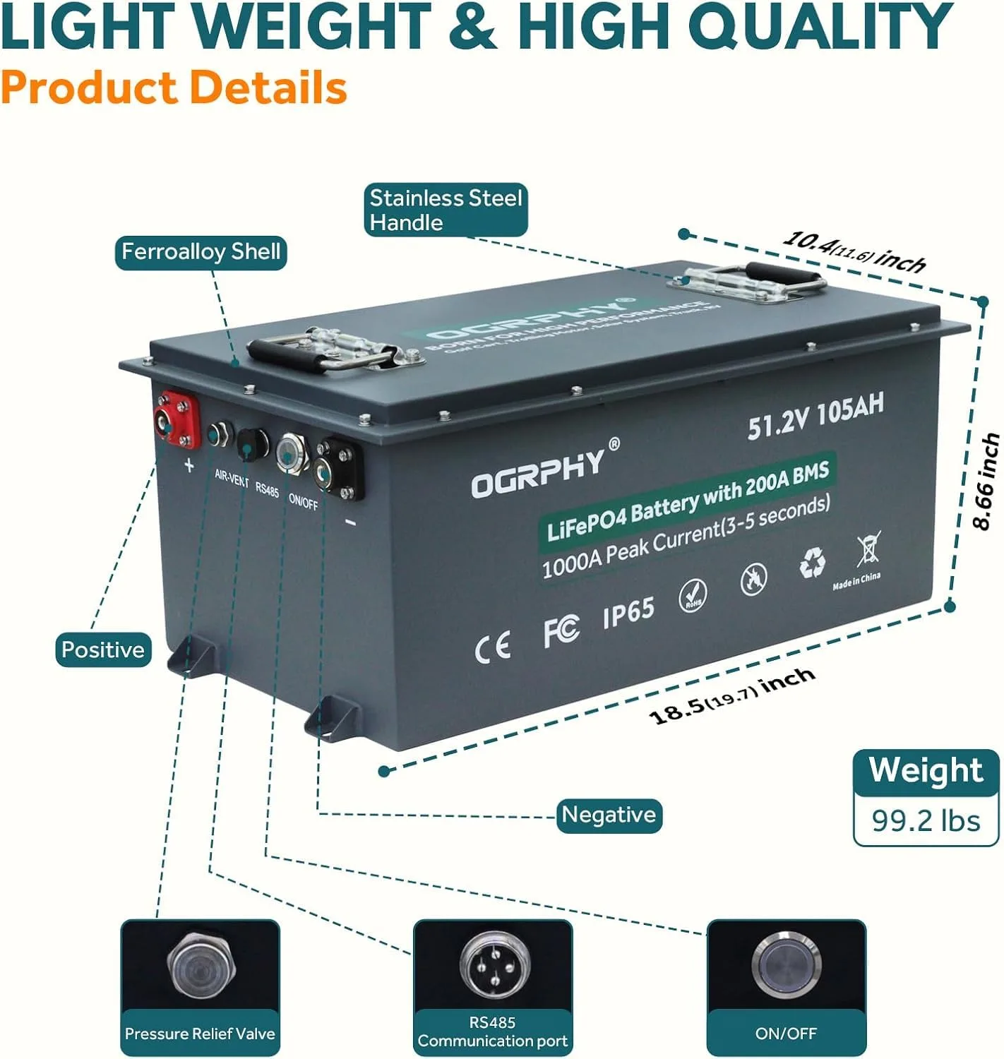 OGRPHY 48V 105Ah LiFePO4 Golf Cart Battery ZLSM-48105 image 2