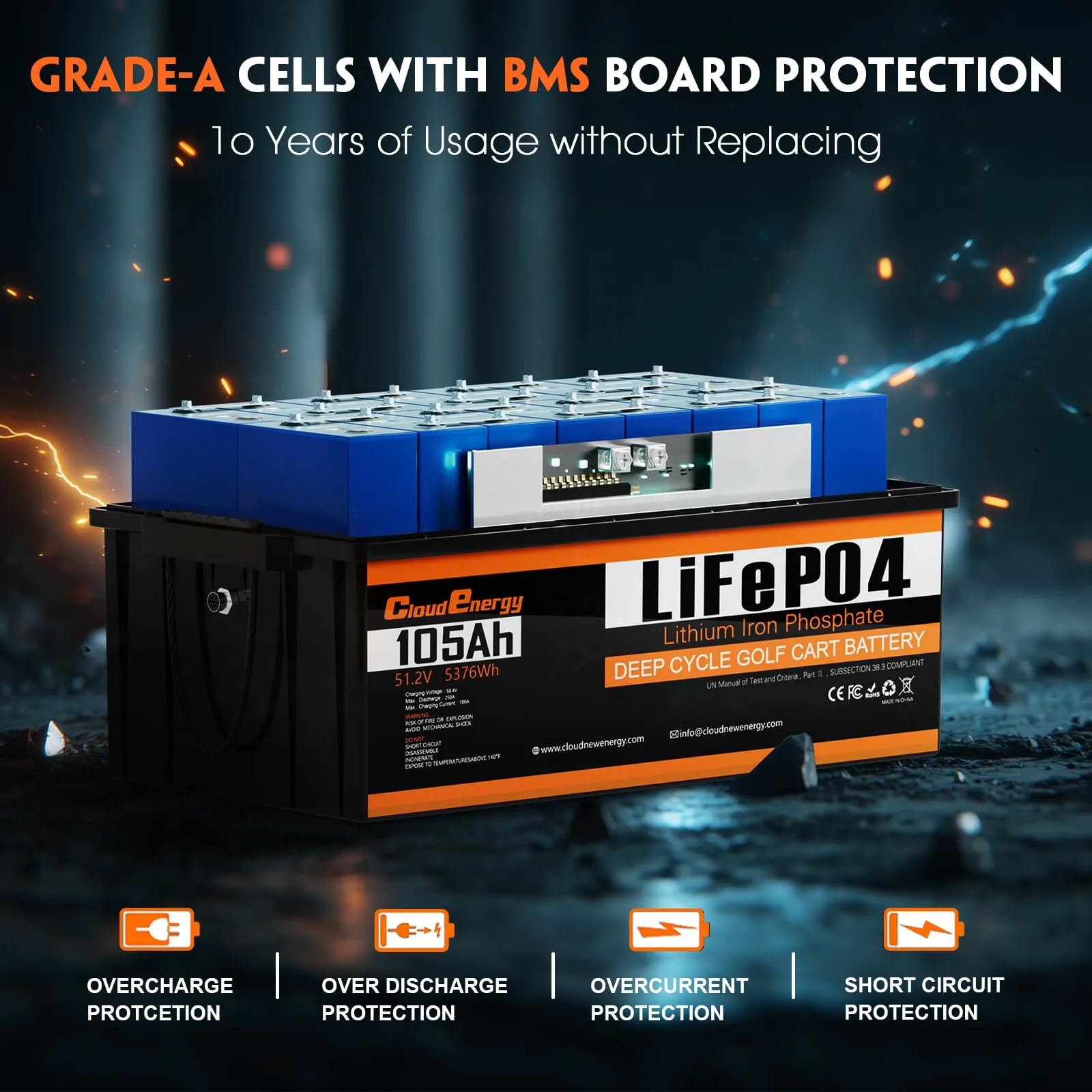 Cloudenergy 48V 105Ah LiFePO4 Golf Cart Battery image 3