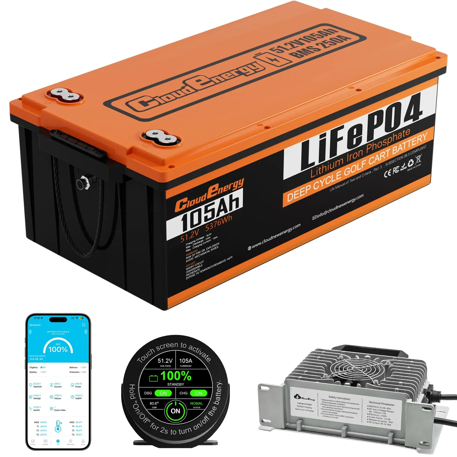 Cloudenergy 48V 105Ah LiFePO4 Golf Cart Battery
