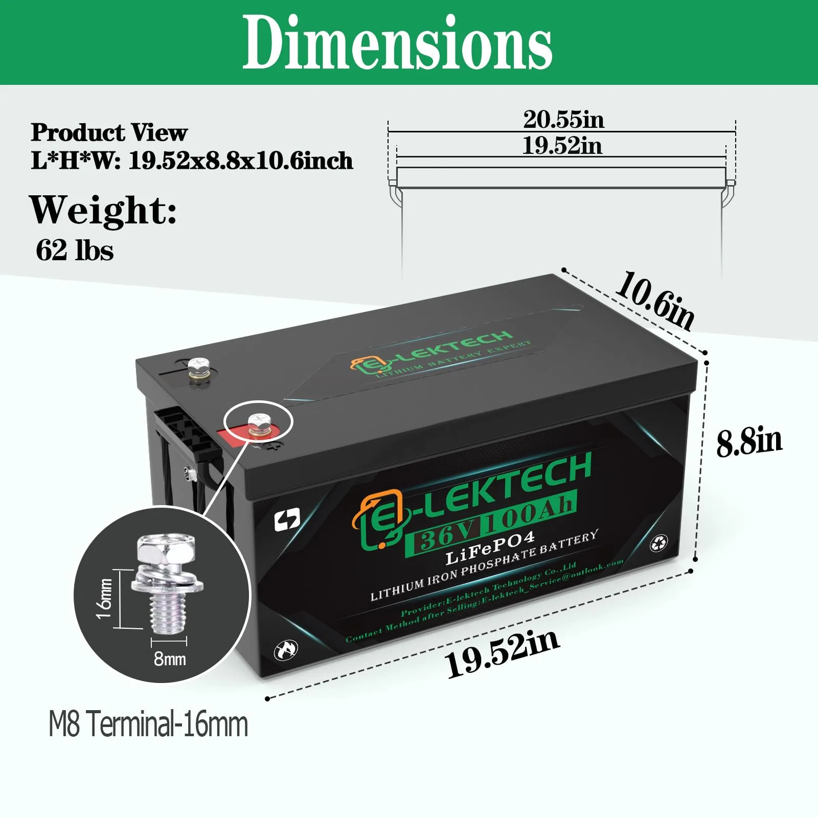 E-LekTech 36V 100Ah LiFePO4 Golf Cart Battery image 2