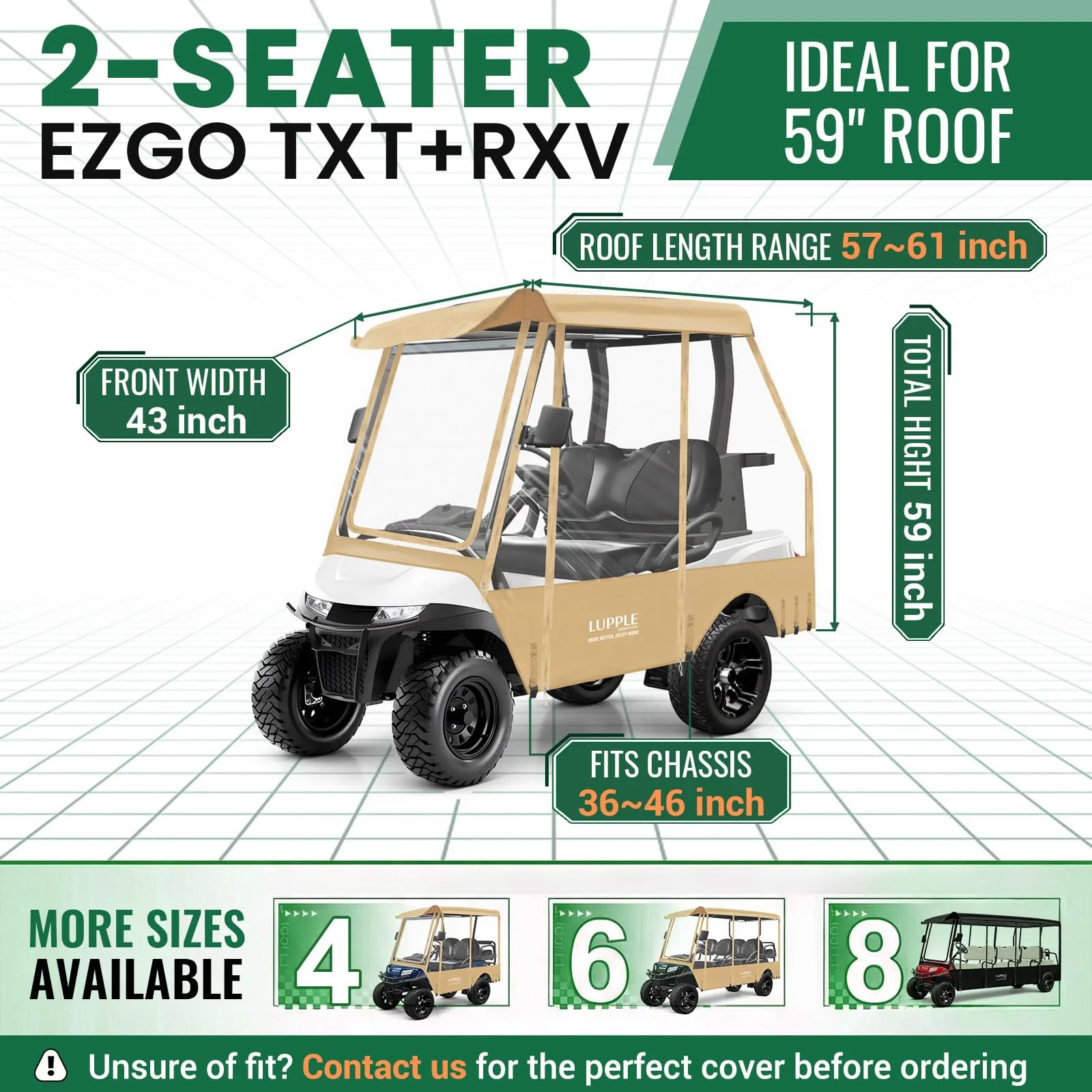LUPPLE 2‑Seater Golf Cart Rain Cover for E‑Z‑GO TXT/RXV Short Roof (59 in) image 2