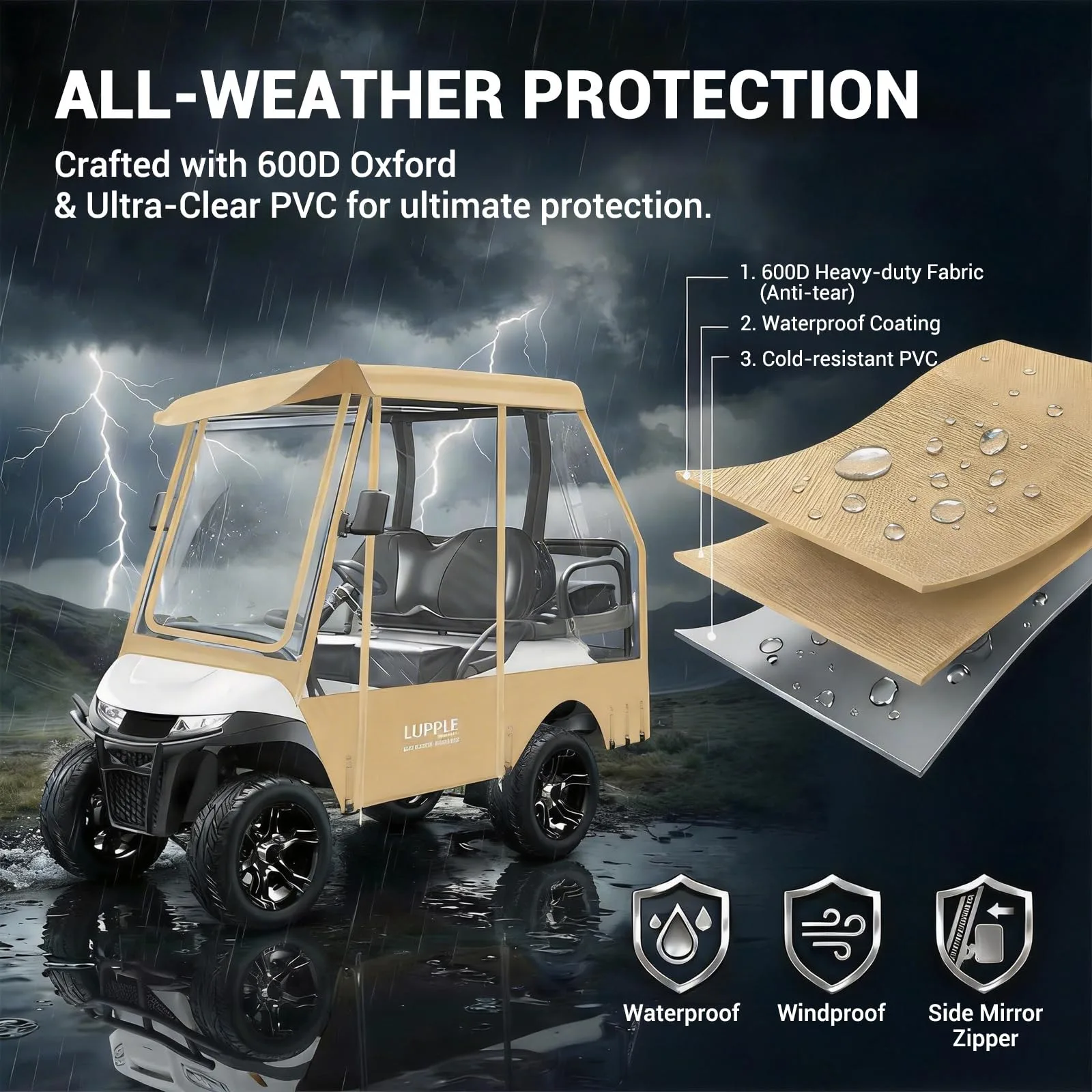 LUPPLE 2‑Seater Golf Cart Rain Cover for E‑Z‑GO TXT/RXV Short Roof (59 in) image 3