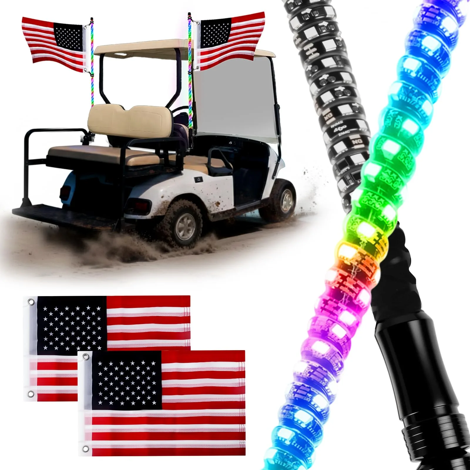 iLSKW 3-Foot RGB Golf Cart LED Whip Lights, 2-Pack