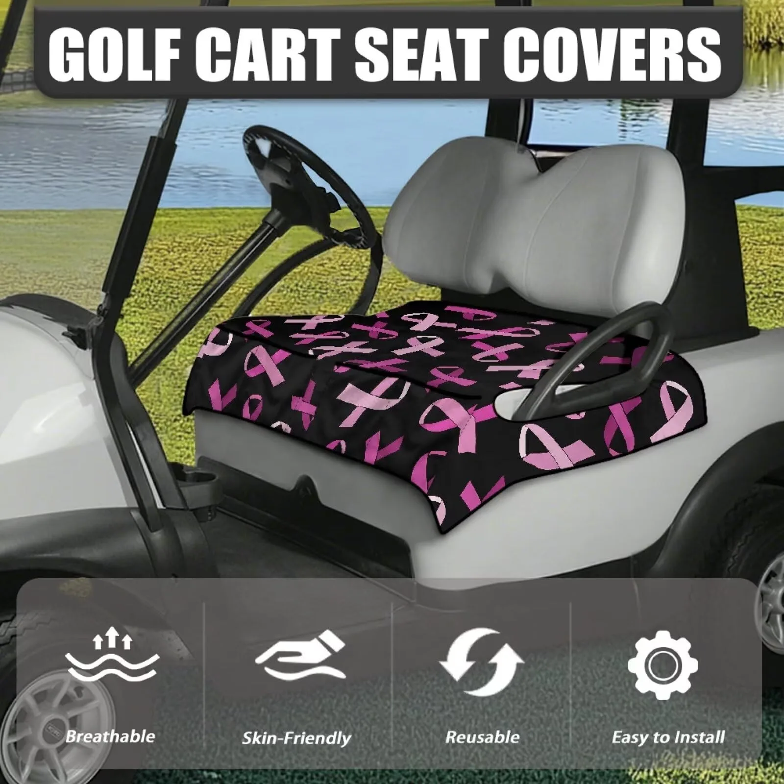Pink Ribbon Golf Cart Seat Cover with Pockets image 3