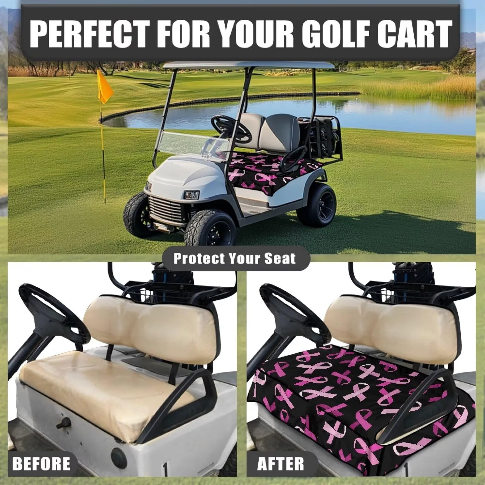 Pink Ribbon Golf Cart Seat Cover with Pockets image 4