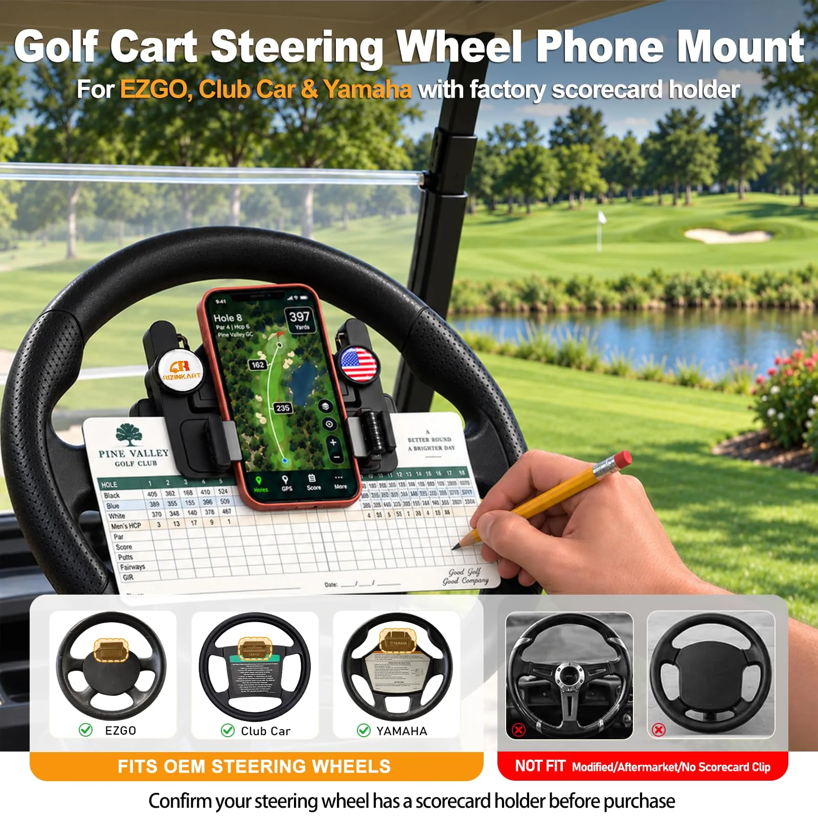 RIZINKART Golf Cart Steering Wheel Phone Mount and Scorecard Holder image 2