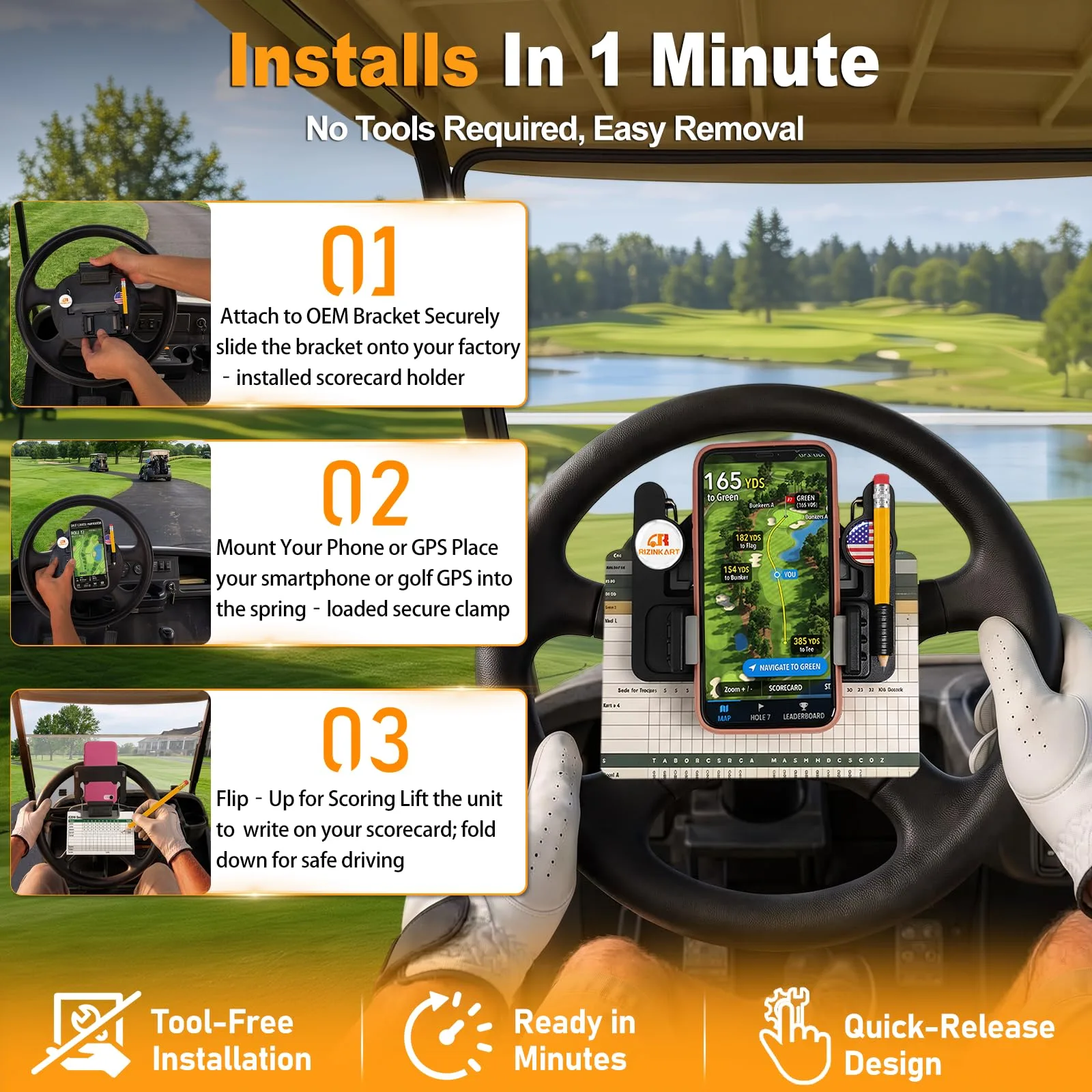 RIZINKART Golf Cart Steering Wheel Phone Mount and Scorecard Holder image 4