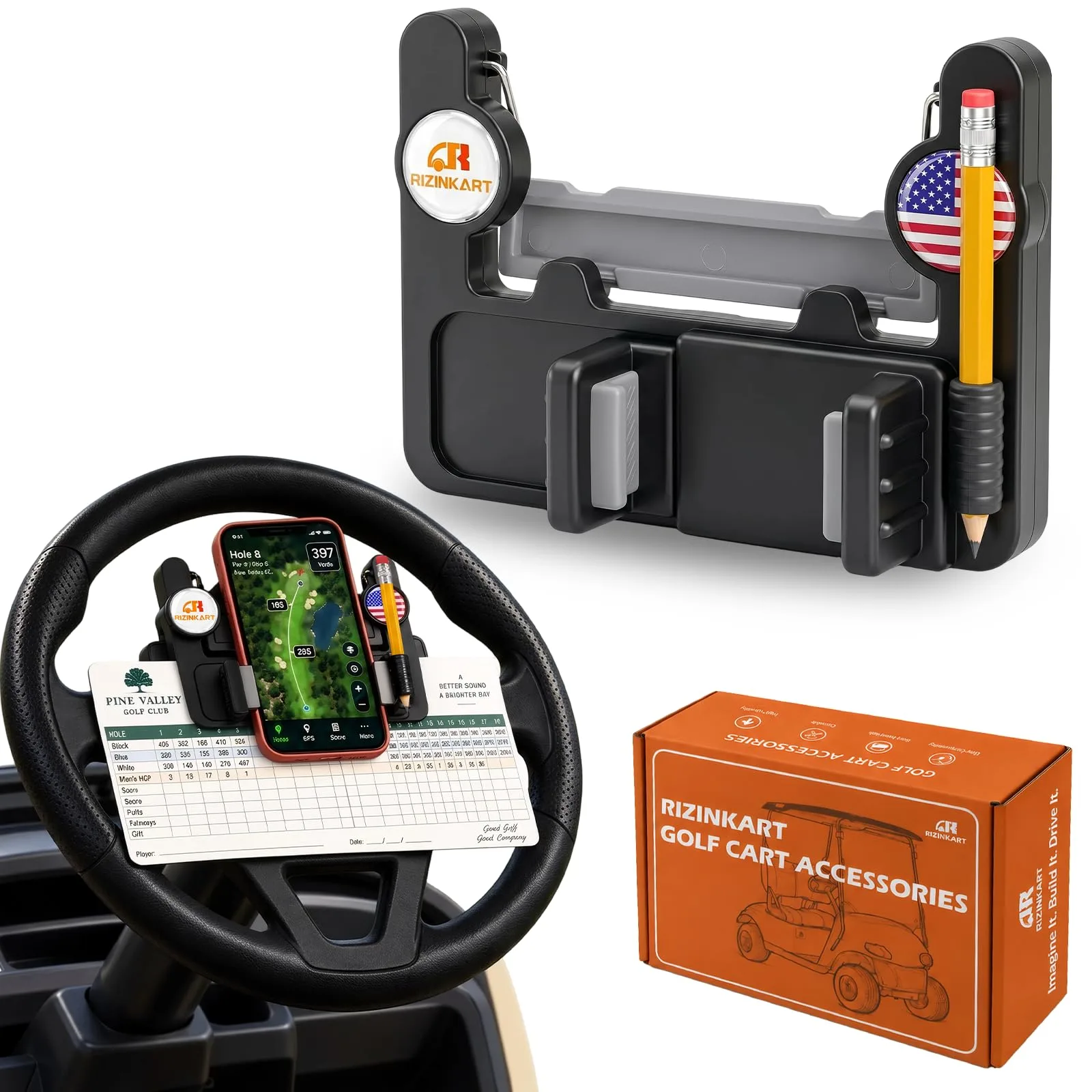 RIZINKART Golf Cart Steering Wheel Phone Mount and Scorecard Holder