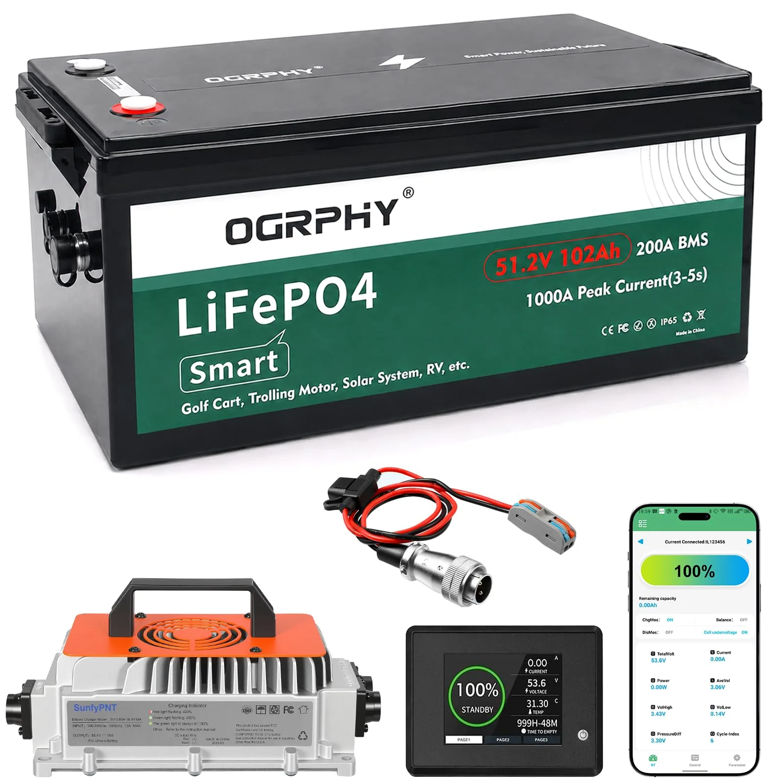 OGRPHY LAF48102 48V 102Ah Lithium Golf Cart Battery Kit