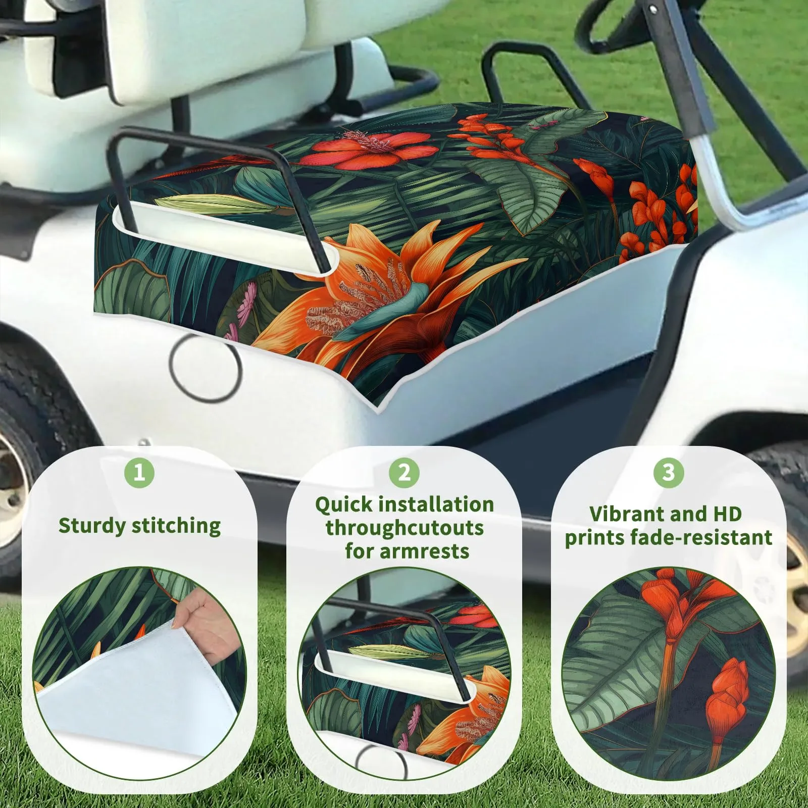 Tiveruda Golf Cart Seat Cover, Flower Green Leaves Pattern image 3
