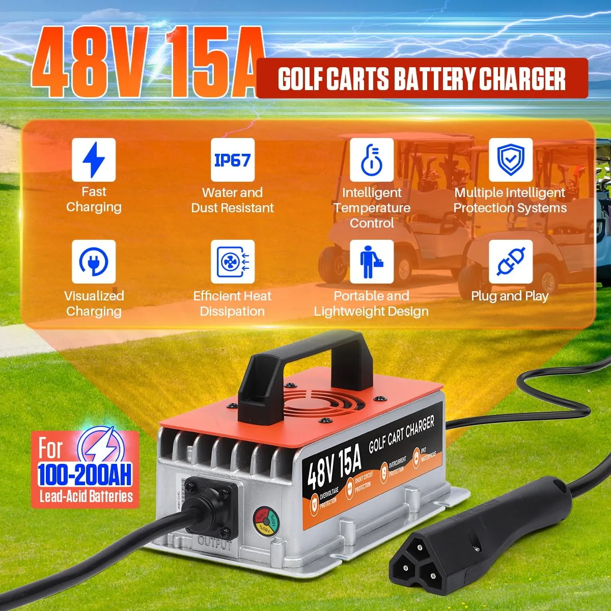 Autory 48V 15A Charger for E-Z-GO RXV and TXT image 2