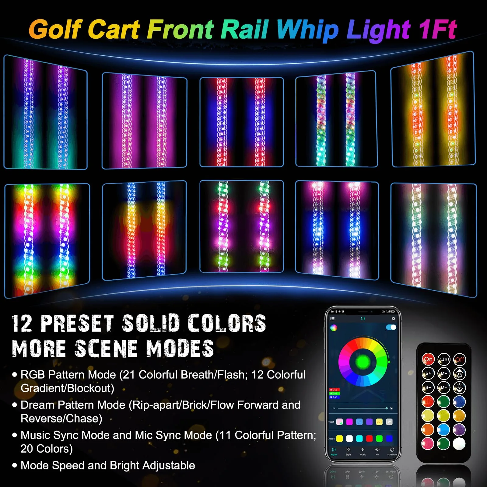 Cartalia GCFL707 Golf Cart Front Rail RGB Whip Lights image 2