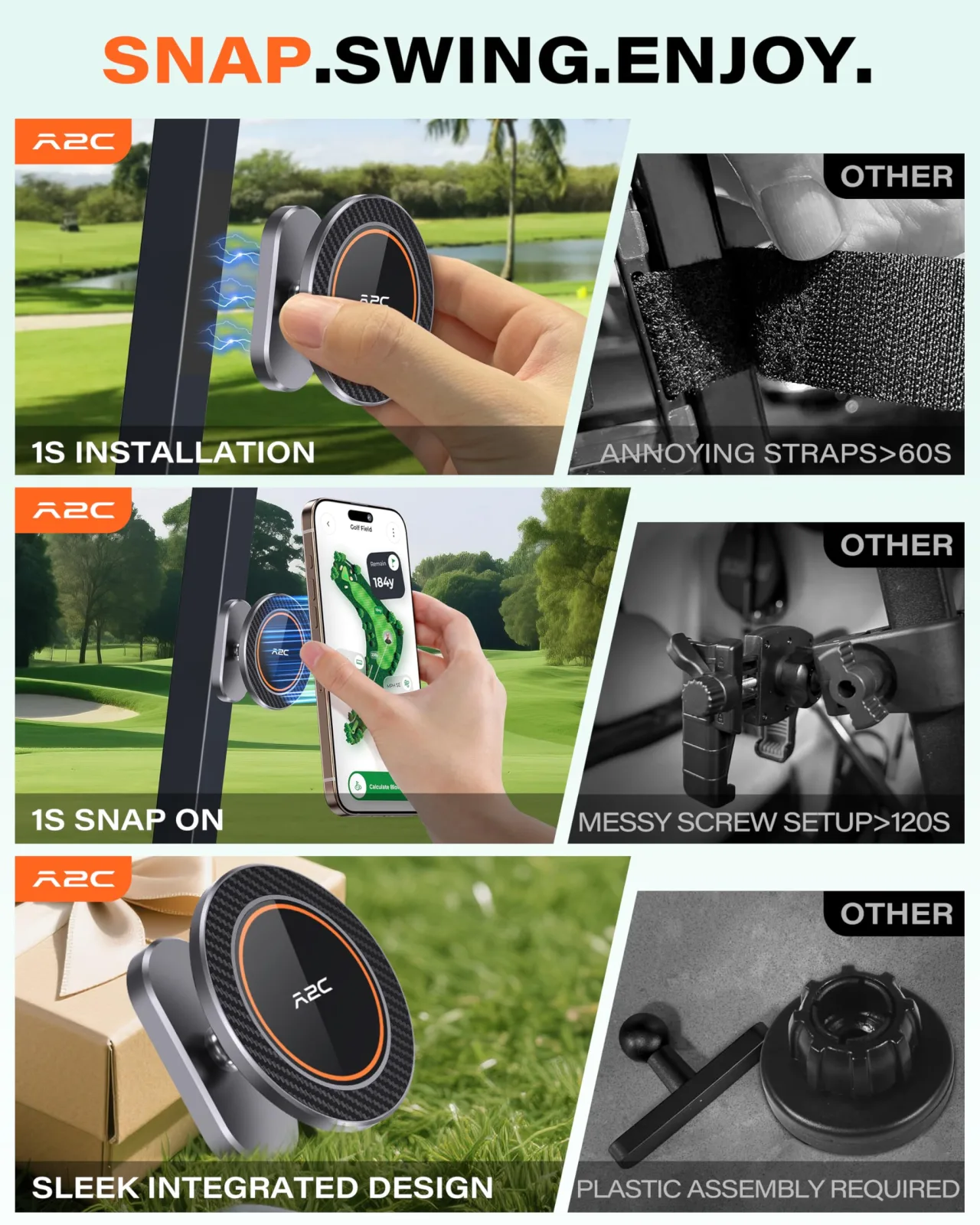 A2C Magnetic Golf Cart Phone Holder for Square Iron Struts image 3