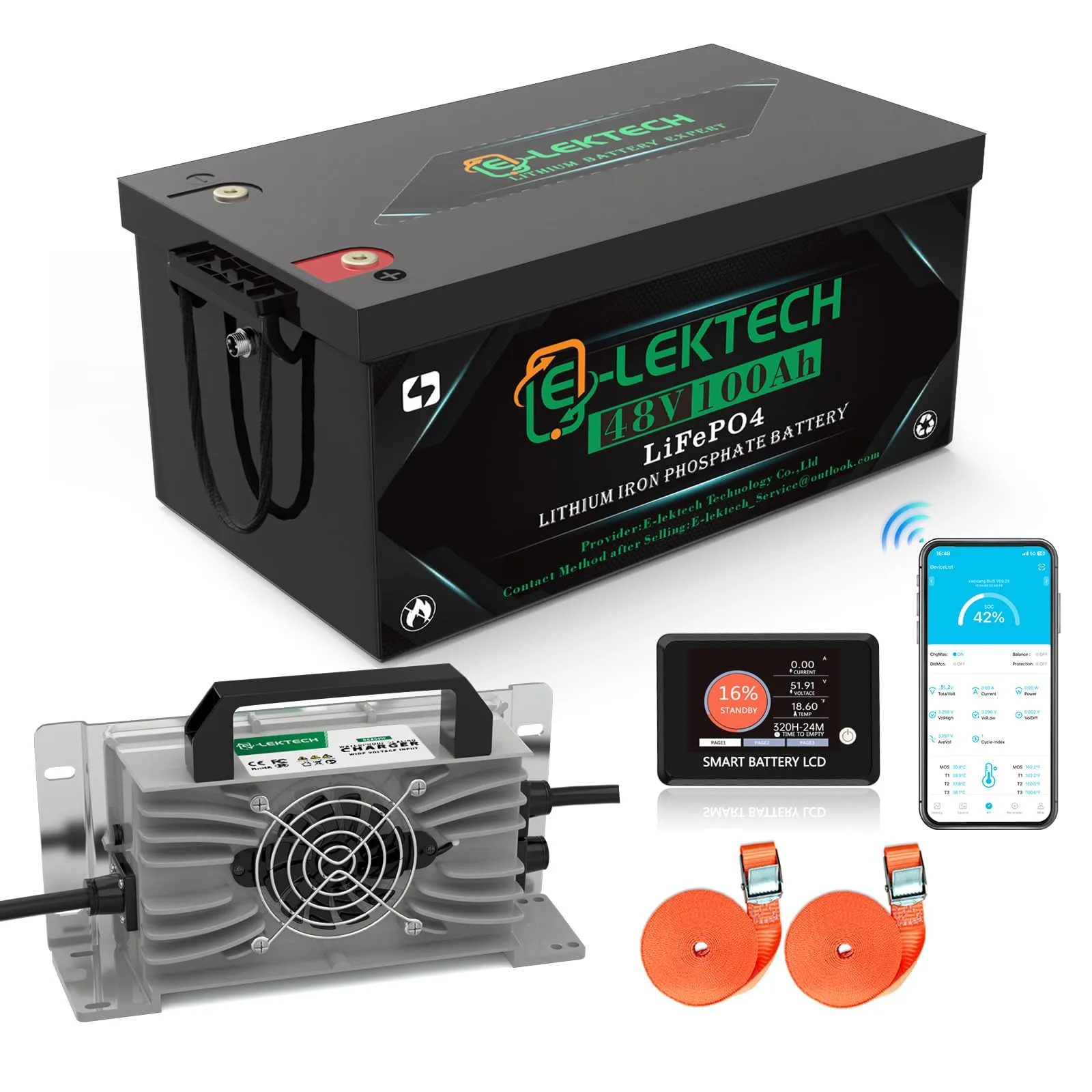 E-LekTech 48V 100Ah Lithium Golf Cart Battery with Charger