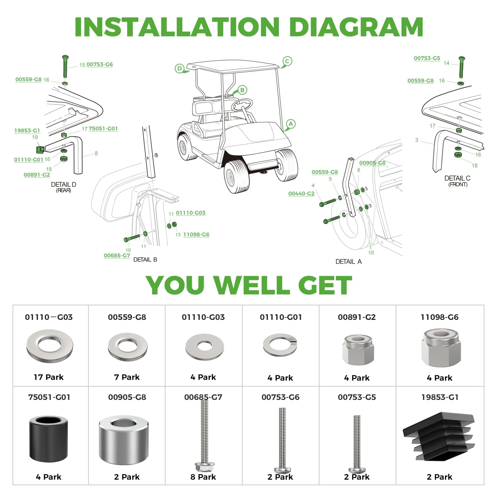 10L0L Front Suntop Hardware Kit for E-Z-GO 1994-2013 image 3