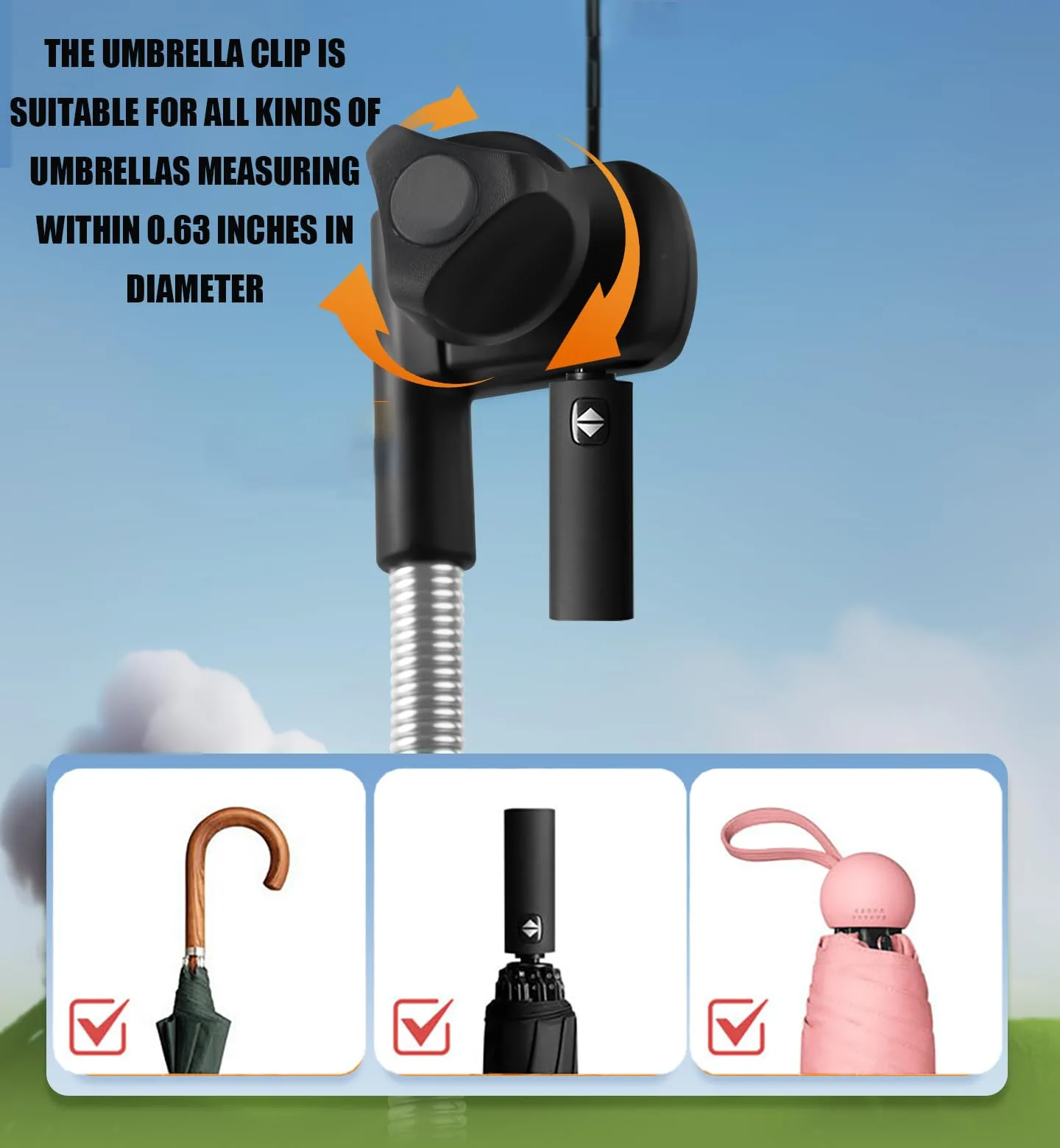 SWKTSWK 360° Adjustable Umbrella Clamp for Golf Carts, Fits 0.6–1.3 in Handles image 4