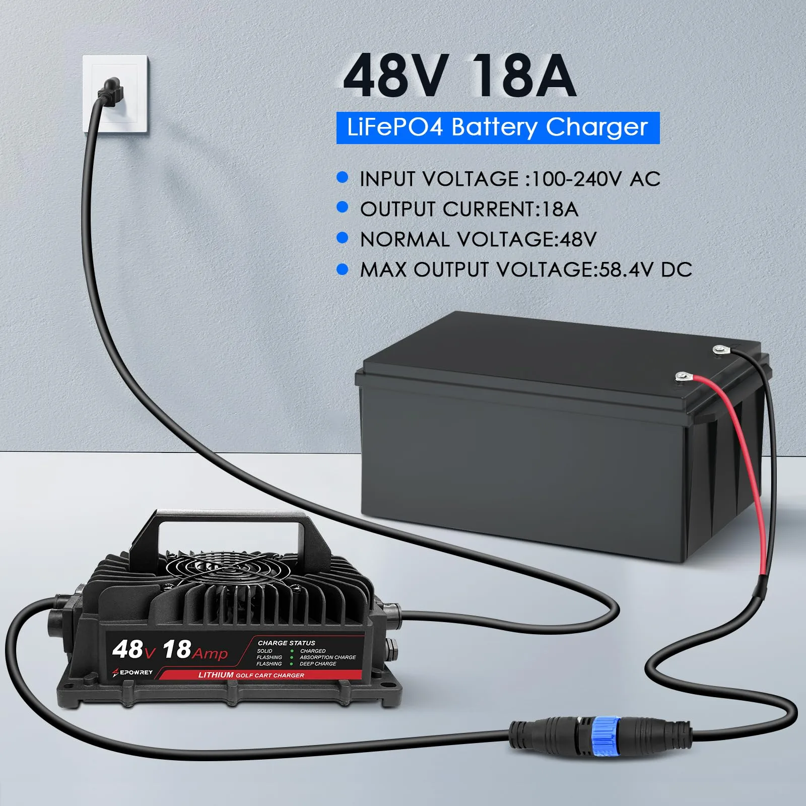 EPOWREY 48V LiFePO4 Charger 58.4V/51.2V 18A — Model E10-48V18A image 4