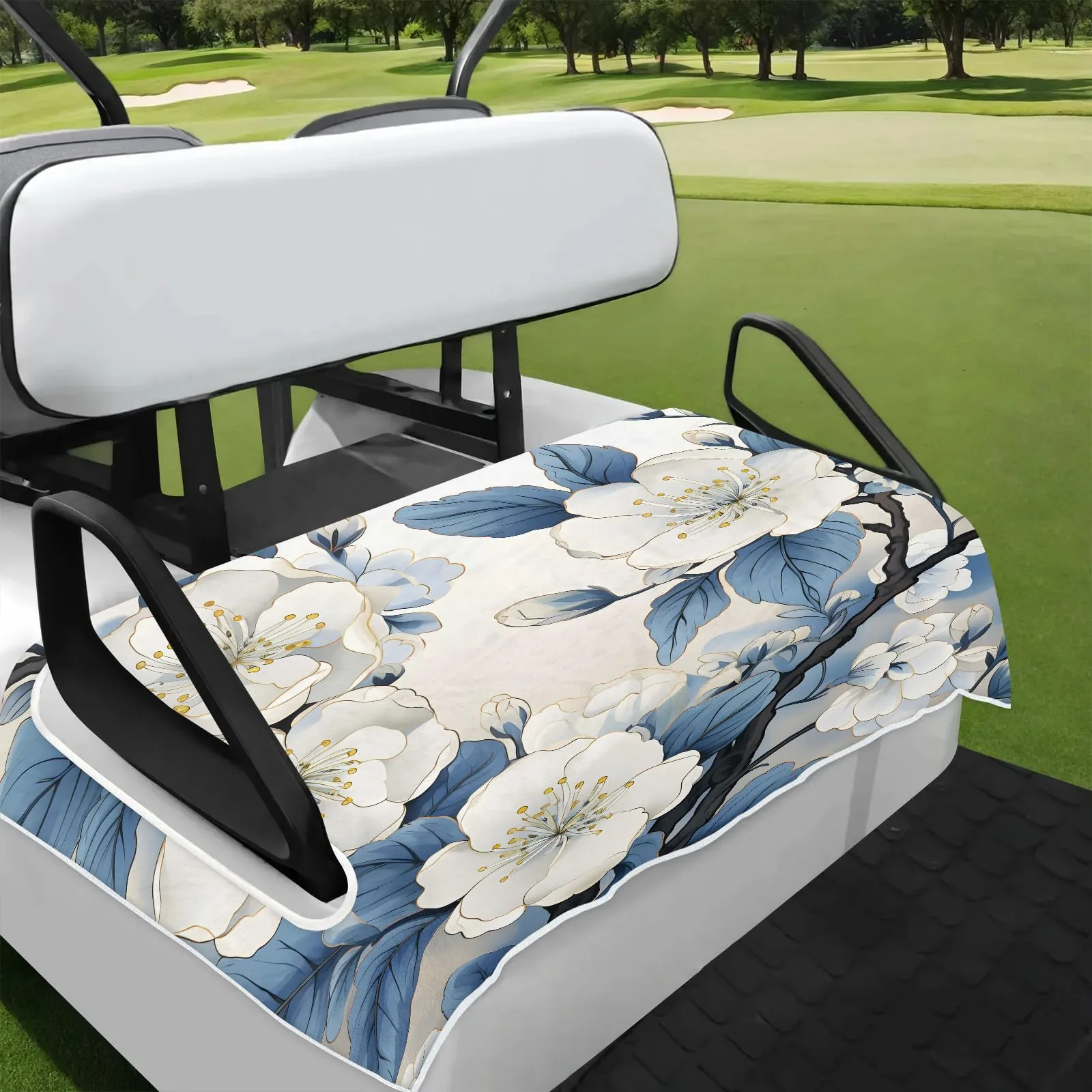 Tiveruda Retro White Flowers Golf Cart Seat Cover – 51" x 31"