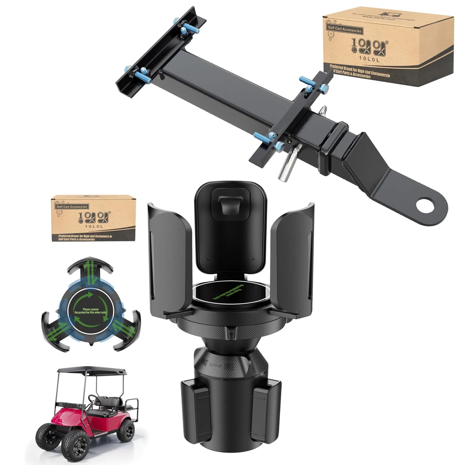 10L0L Golf Cart Trailer Hitch Kit and Expandable Cup Holder