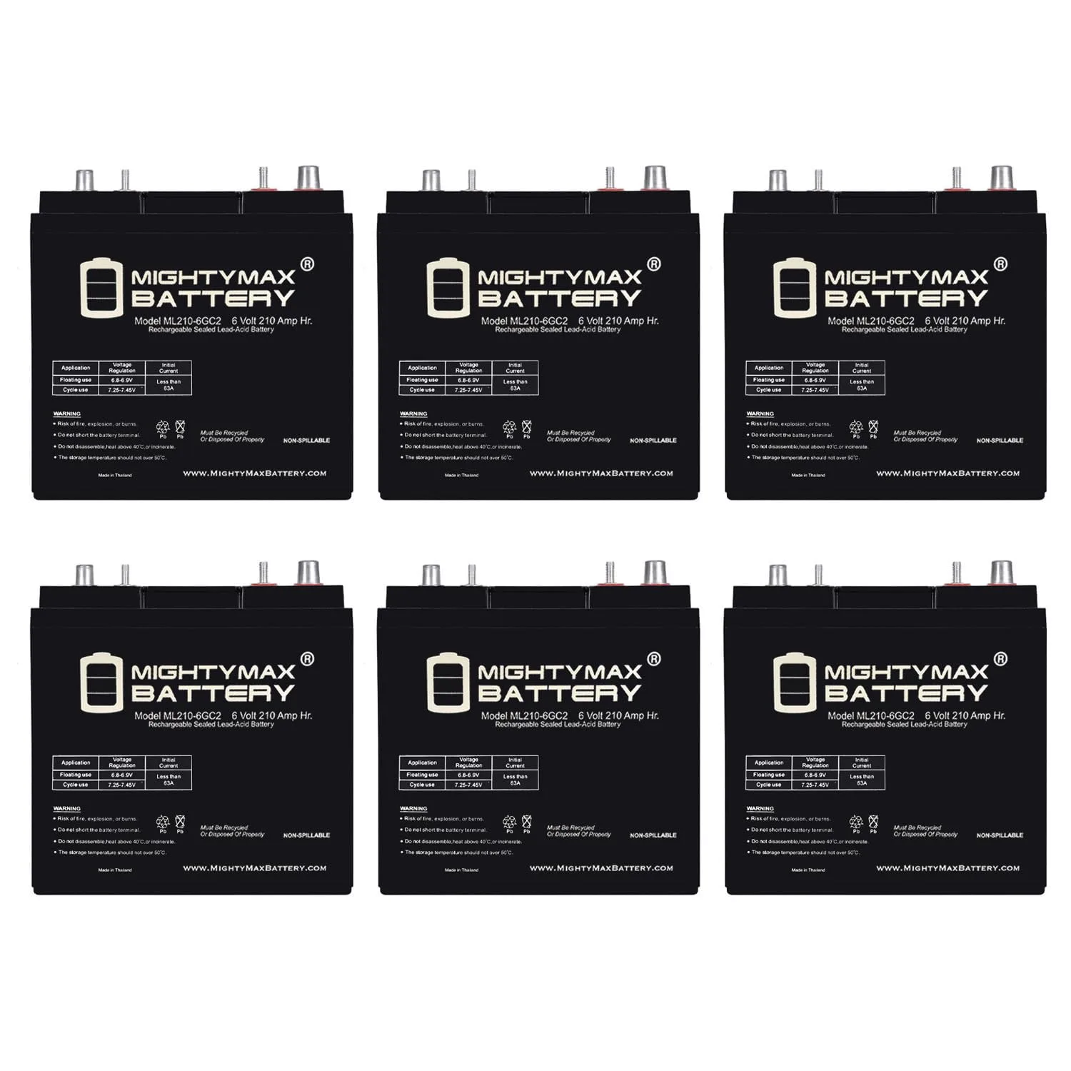 Mighty Max ML210-6GC2 6V 210AH Dual Terminal Golf Cart Battery — 6-Pack