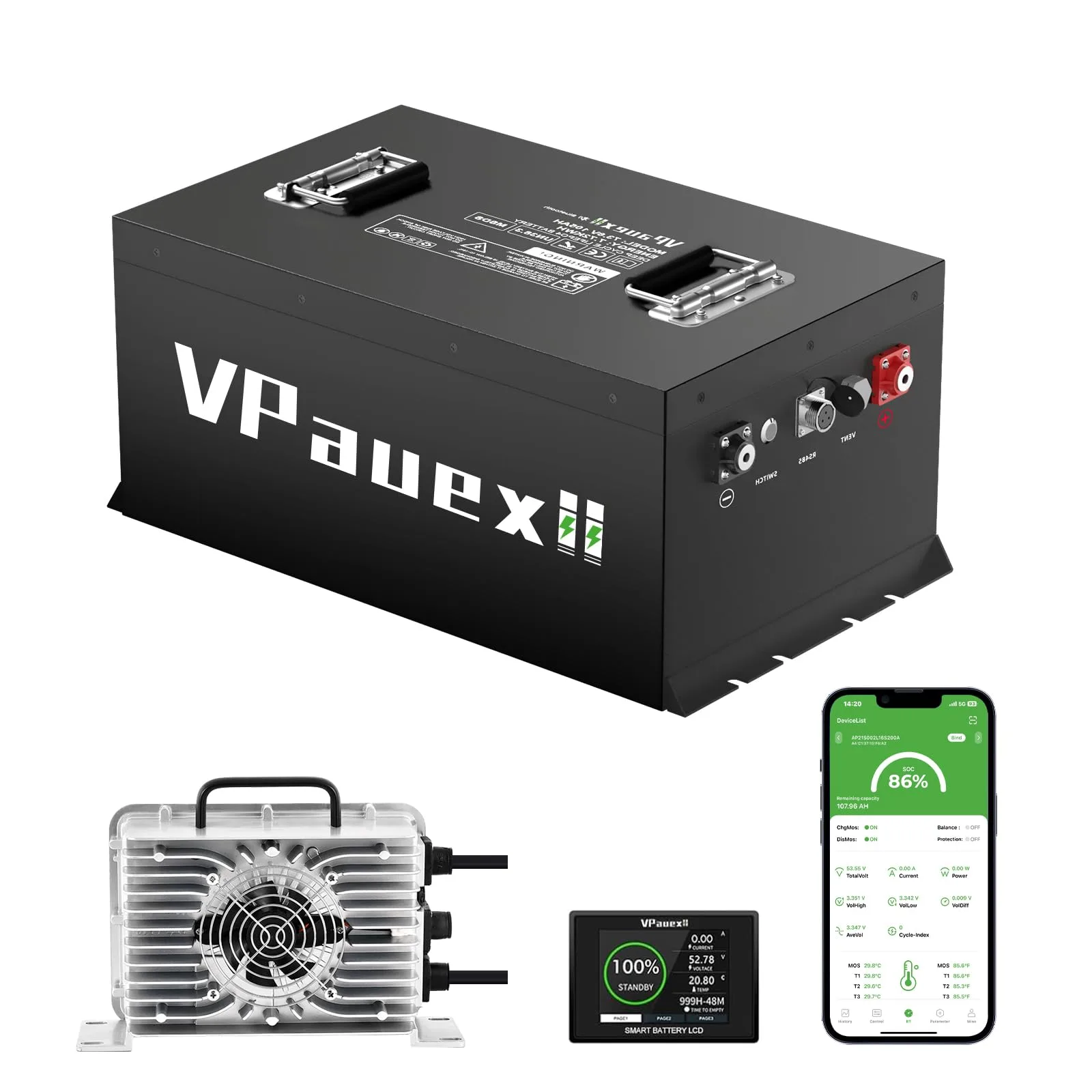 VPauexii 51.2V 105Ah Lithium Golf Cart Battery with 22A Charger