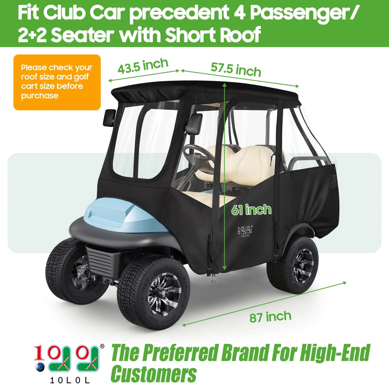 10L0L Golf Cart 4 Passenger Enclosure for Club Car Precedent/Tempo Short Roof 57.5" Deluxe 600D Golf Cart Heavy Duty Rain Cover with 4 Zipped Doors Clear PVC Windows (Latest Improved Version) image 2