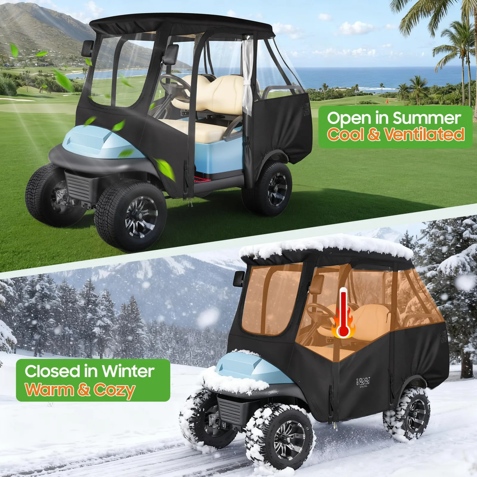 10L0L Golf Cart 4 Passenger Enclosure for Club Car Precedent/Tempo Short Roof 57.5" Deluxe 600D Golf Cart Heavy Duty Rain Cover with 4 Zipped Doors Clear PVC Windows (Latest Improved Version) image 3
