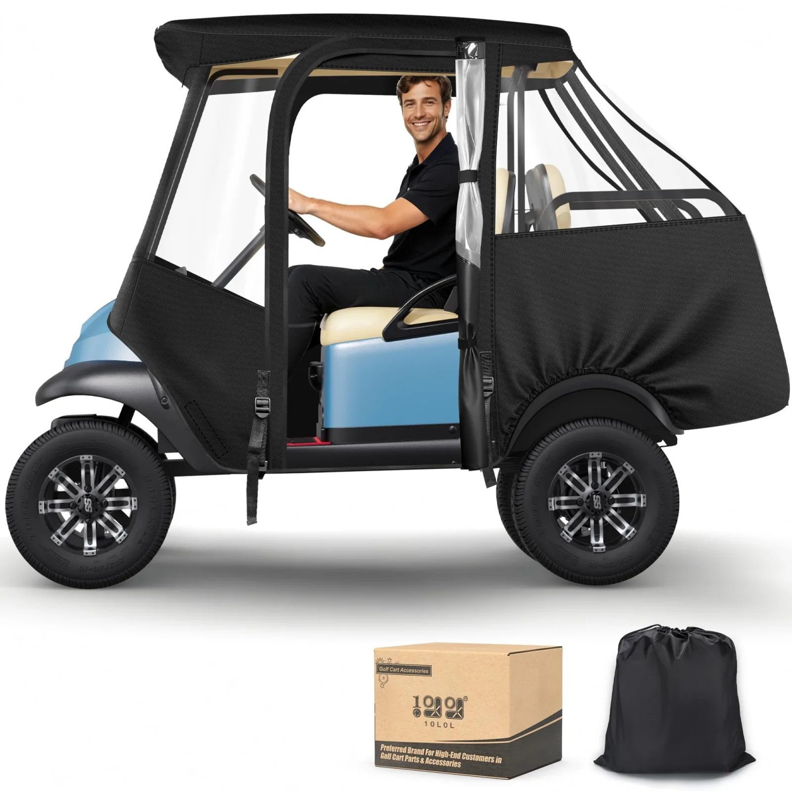 10L0L Golf Cart 4 Passenger Enclosure for Club Car Precedent/Tempo Short Roof 57.5" Deluxe 600D Golf Cart Heavy Duty Rain Cover with 4 Zipped Doors Clear PVC Windows (Latest Improved Version)