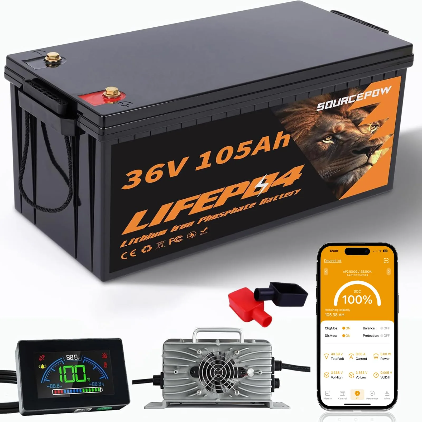 SOURCEPOW 36V 105Ah LiFePO4 Golf Cart Battery SP36105BT