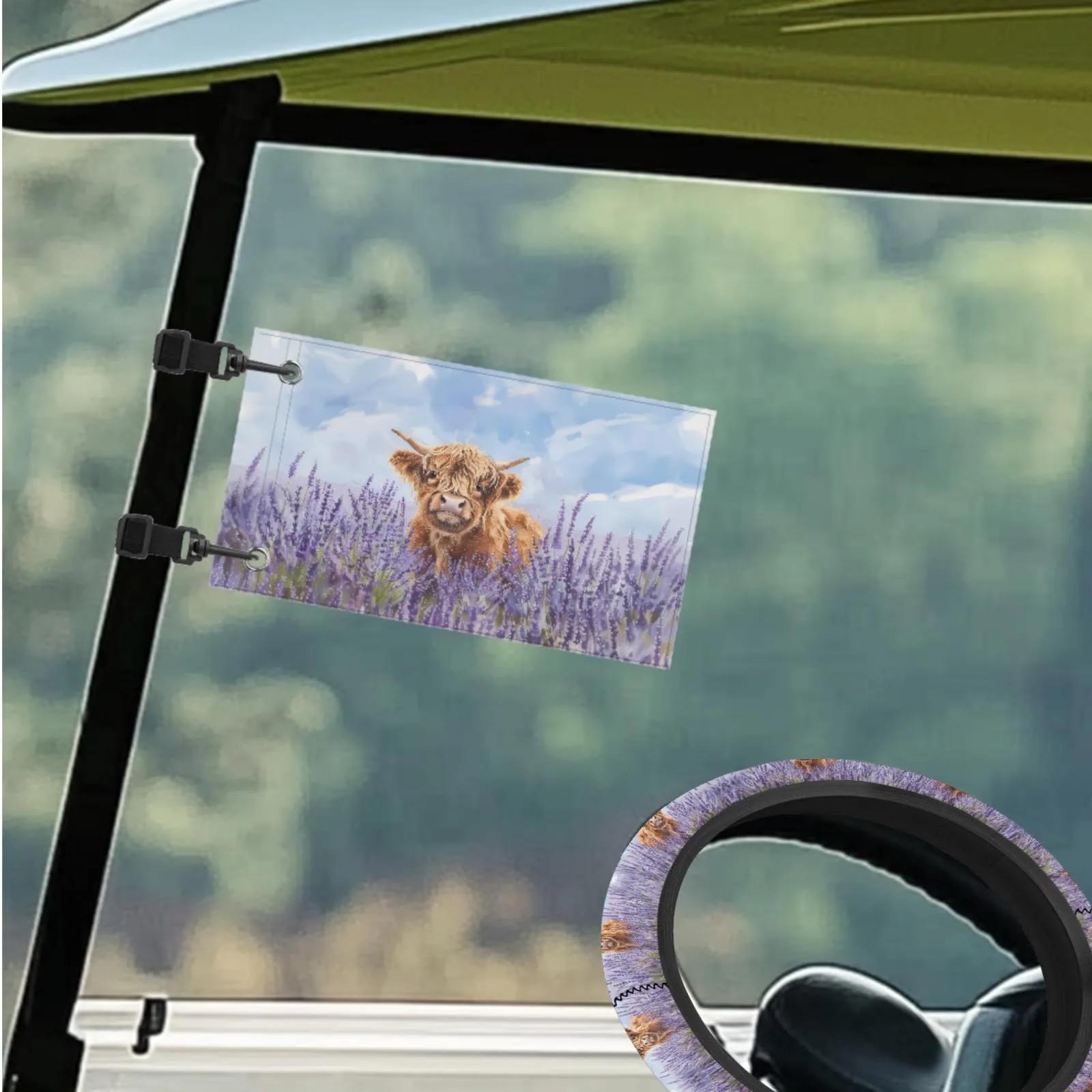 INSTANTARTS Lavender Highland Cow Golf Cart Seat Cover Set image 3