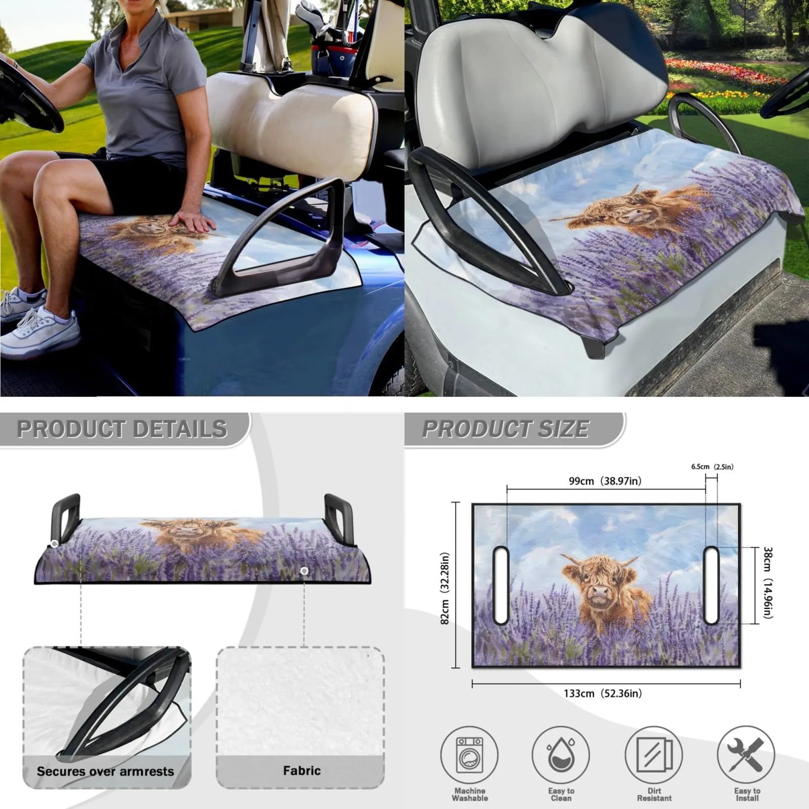 INSTANTARTS Lavender Highland Cow Golf Cart Seat Cover Set image 4