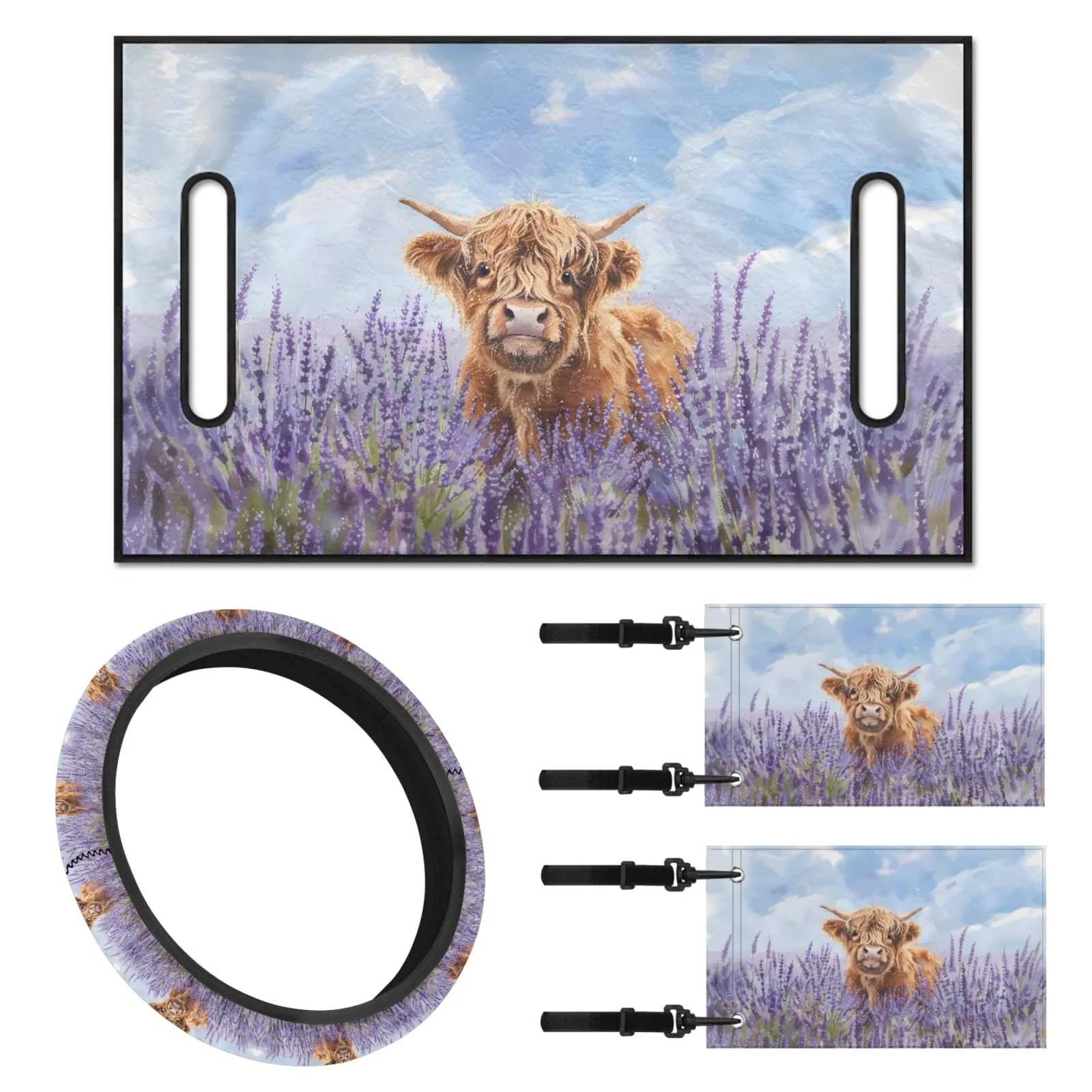 INSTANTARTS Lavender Highland Cow Golf Cart Seat Cover Set