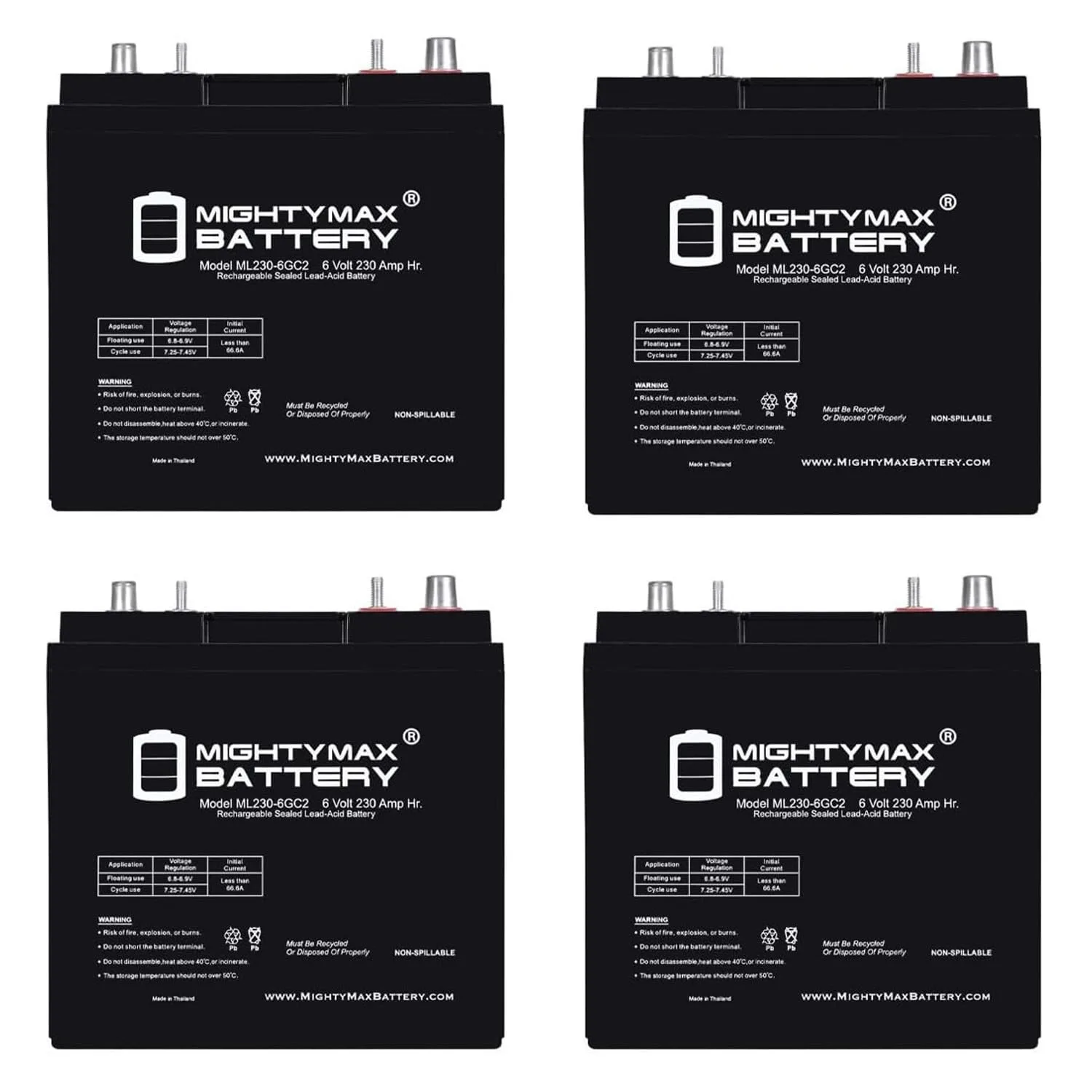 Mighty Max ML230-6GC2 6V 230AH Dual-Terminal Golf Cart Battery — 4 Pack