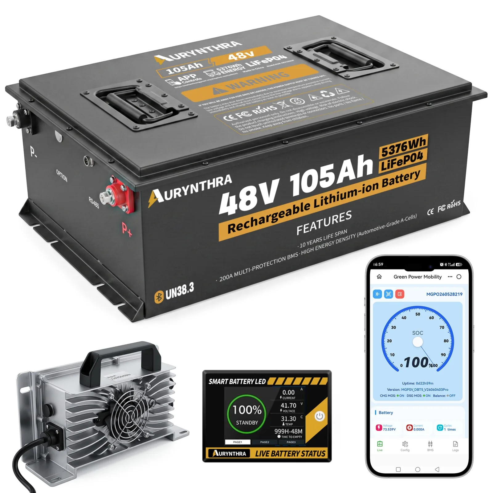 AURYNTHRA 48V 105Ah LiFePO4 Golf Cart Battery (AUR-48V105Ah)